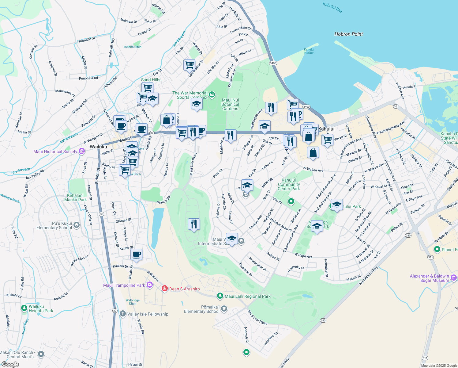 map of restaurants, bars, coffee shops, grocery stores, and more near 267 Holua Drive in Kahului