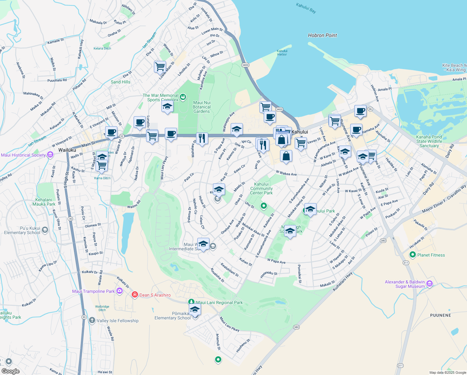 map of restaurants, bars, coffee shops, grocery stores, and more near 536 Maalo Street in Kahului