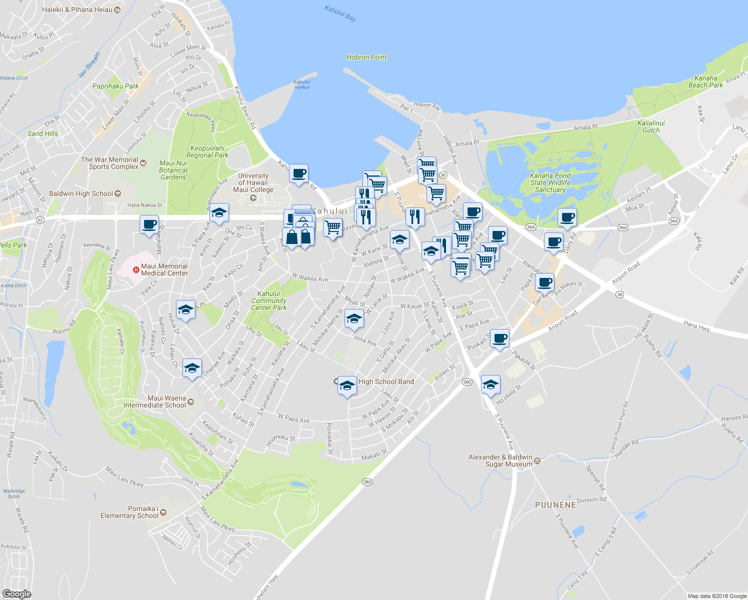 map of restaurants, bars, coffee shops, grocery stores, and more near 200 West Lanai Street in Kahului