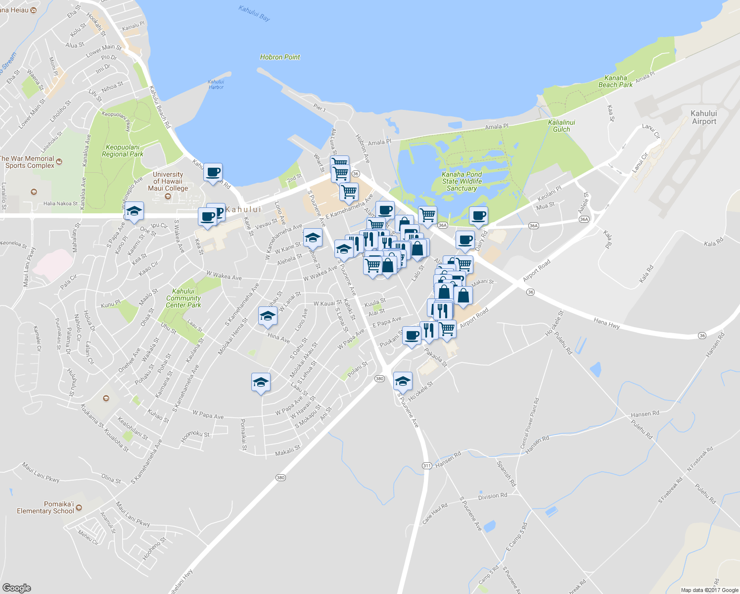 map of restaurants, bars, coffee shops, grocery stores, and more near 44 East Kauai Street in Kahului