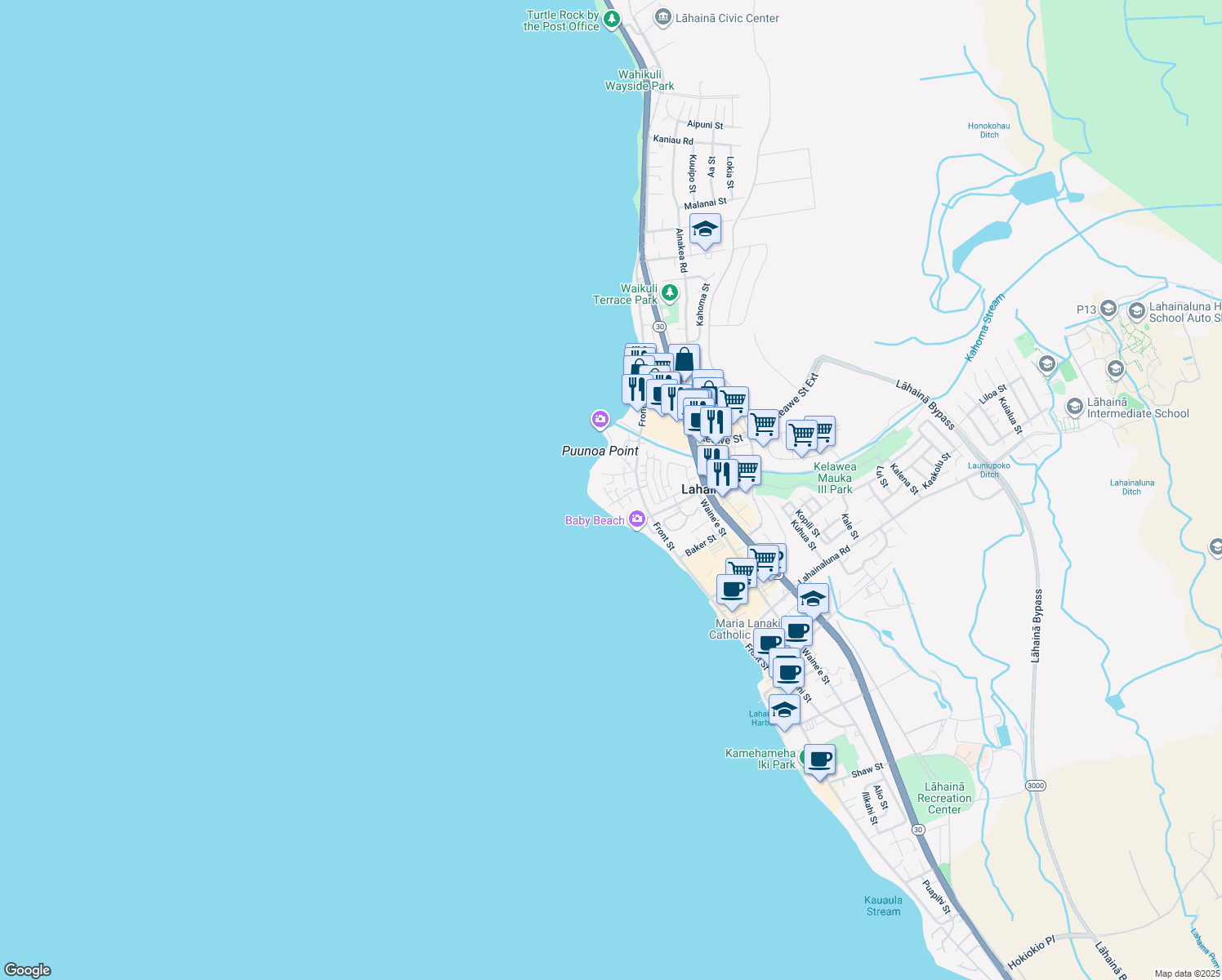map of restaurants, bars, coffee shops, grocery stores, and more near 1184 Halepaka Place in Lahaina