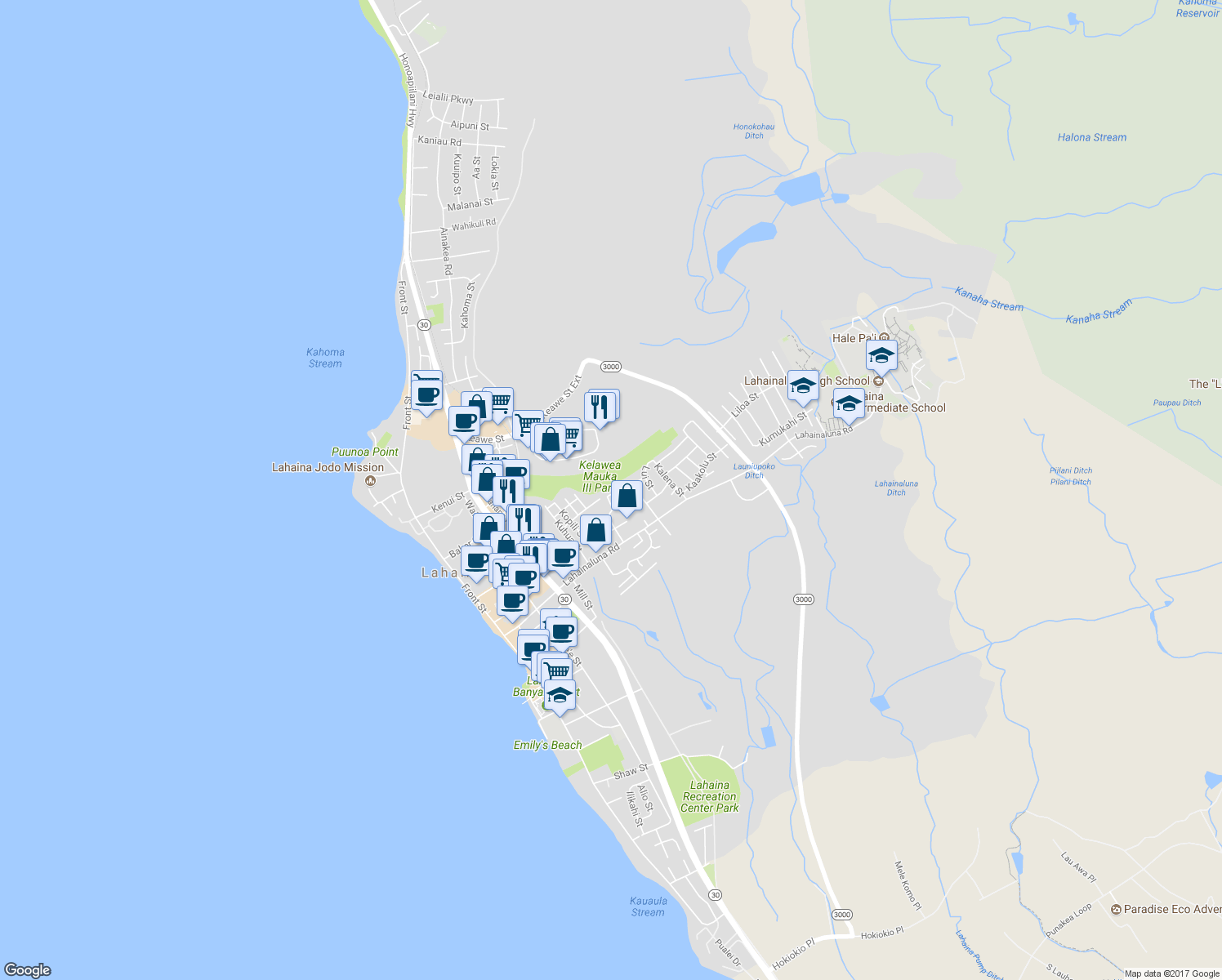 map of restaurants, bars, coffee shops, grocery stores, and more near 457 Aki Street in Lahaina