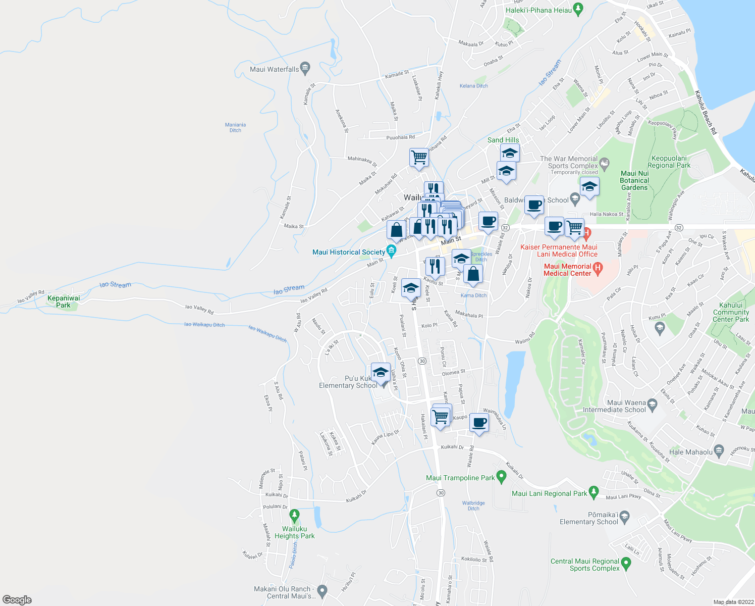 map of restaurants, bars, coffee shops, grocery stores, and more near 244 Lau Oliwa Loop in Wailuku
