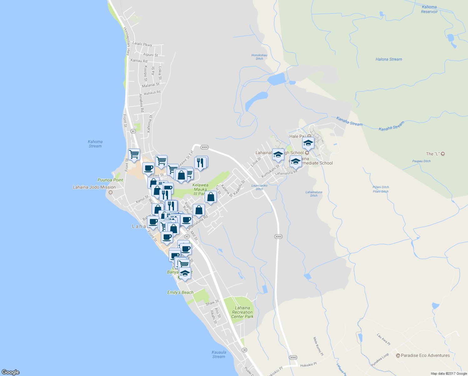 map of restaurants, bars, coffee shops, grocery stores, and more near 836 Kaakepa Street in Lahaina