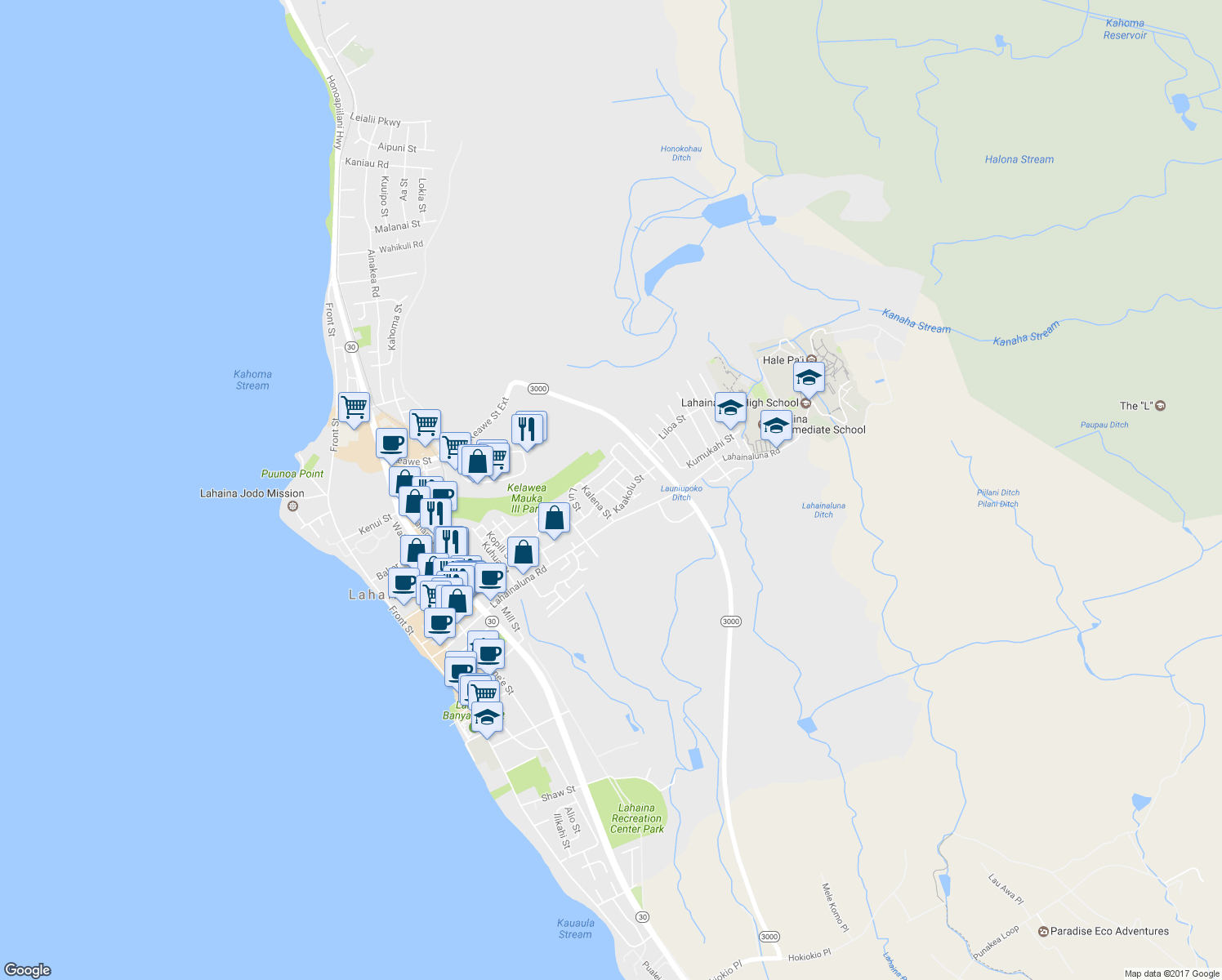 map of restaurants, bars, coffee shops, grocery stores, and more near 850 Kaakepa Street in Lahaina