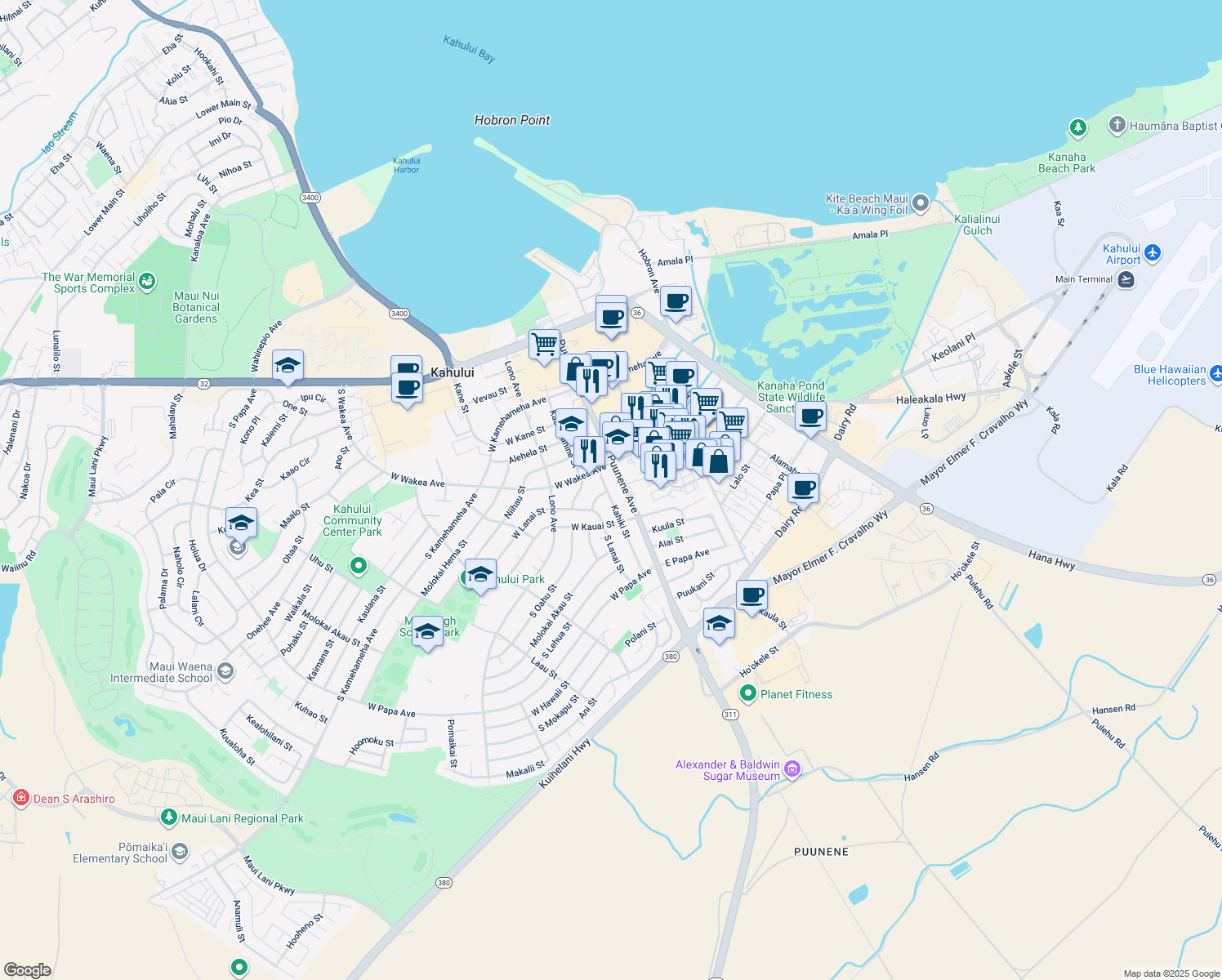 map of restaurants, bars, coffee shops, grocery stores, and more near 293 Kahiki Street in Kahului