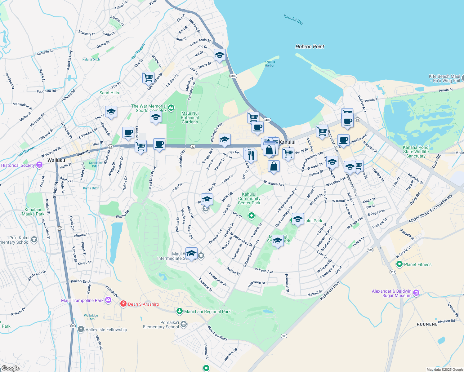 map of restaurants, bars, coffee shops, grocery stores, and more near 469 Aleo Place in Kahului
