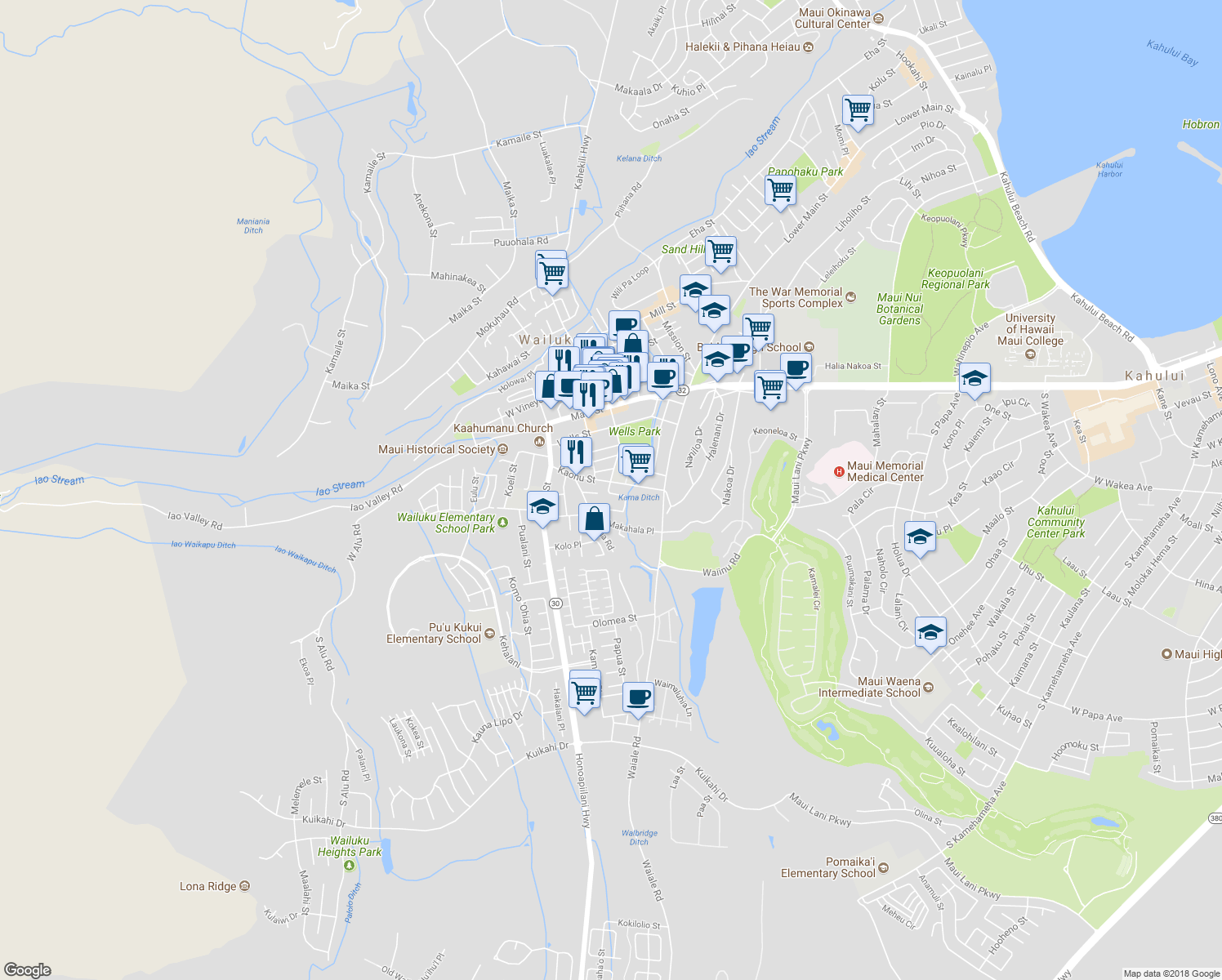 map of restaurants, bars, coffee shops, grocery stores, and more near 1982 Kalawi Place in Wailuku