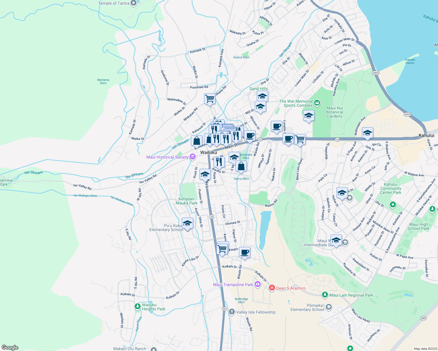map of restaurants, bars, coffee shops, grocery stores, and more near 329 Kalua Road in Wailuku