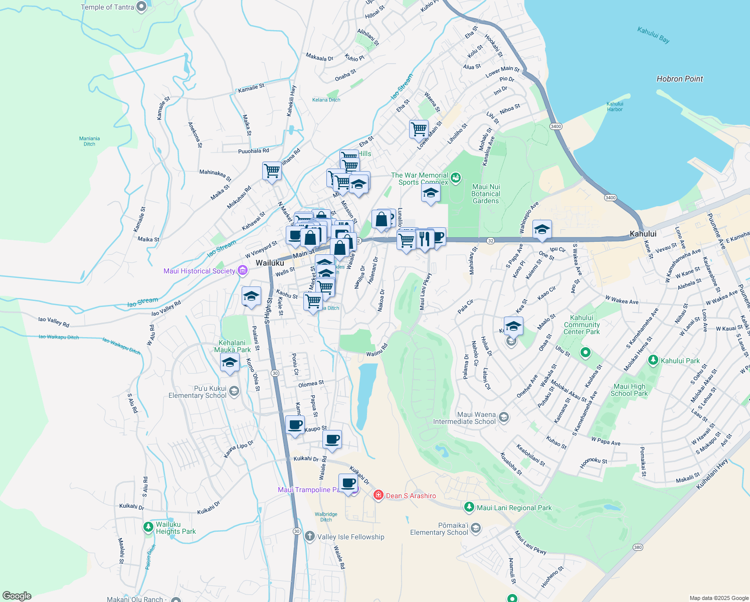 map of restaurants, bars, coffee shops, grocery stores, and more near 168 Ku Drive in Wailuku