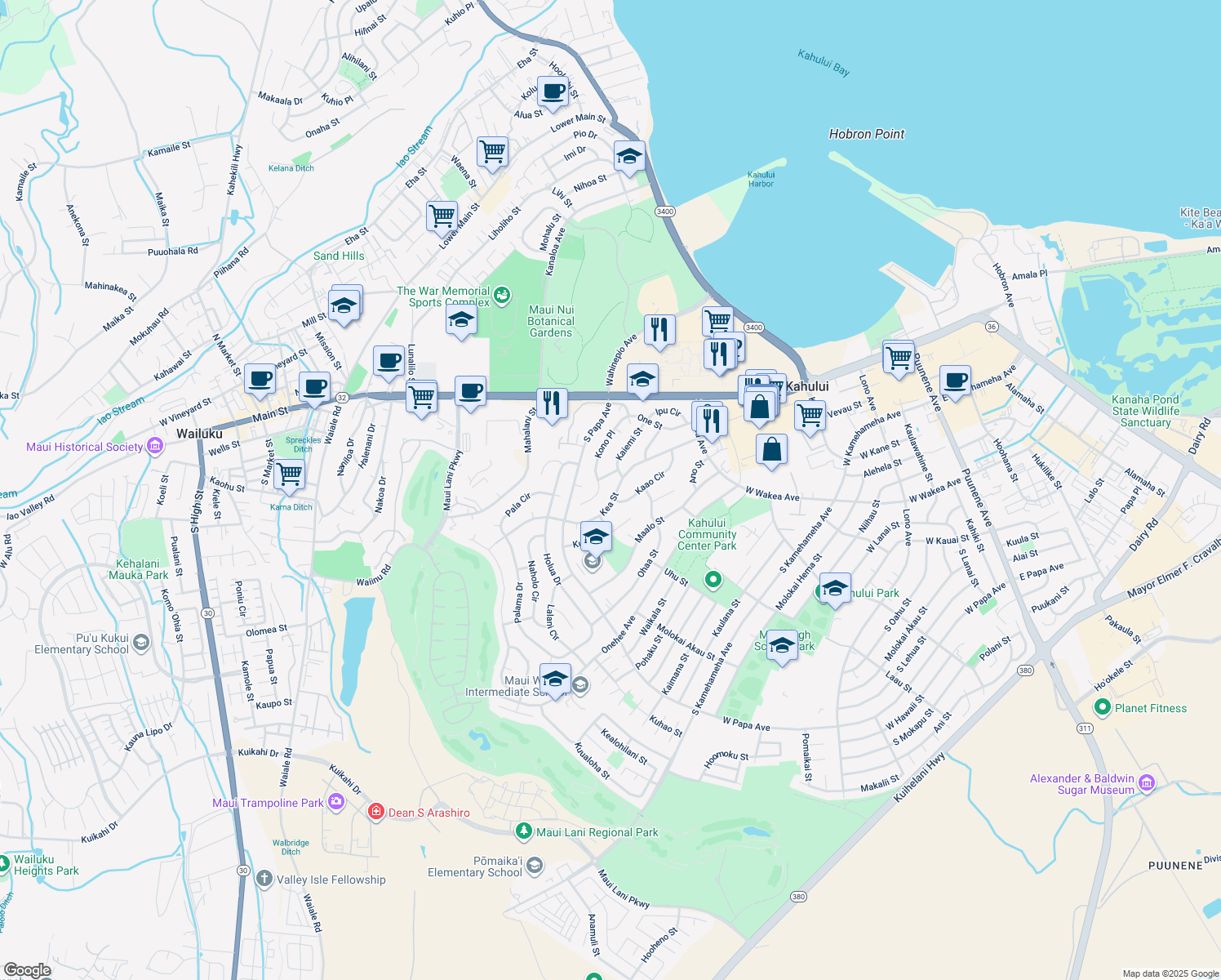 map of restaurants, bars, coffee shops, grocery stores, and more near 548 Kea Street in Kahului