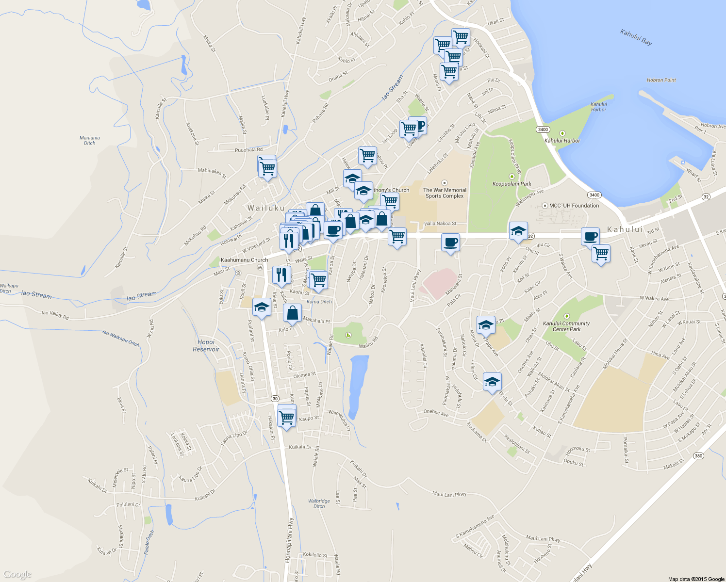 map of restaurants, bars, coffee shops, grocery stores, and more near 159 Ku Drive in Wailuku