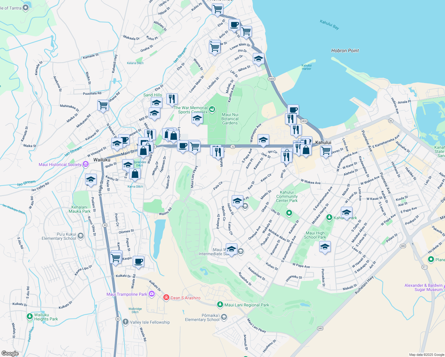 map of restaurants, bars, coffee shops, grocery stores, and more near 732 Pala Circle in Kahului