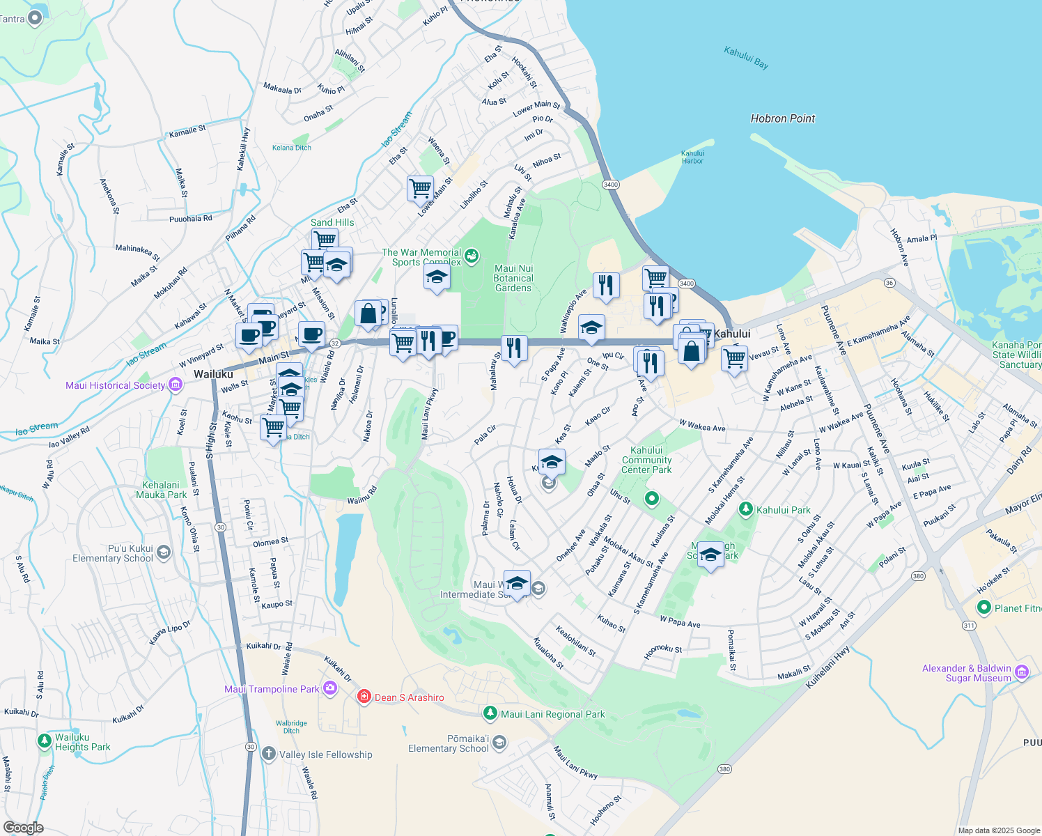 map of restaurants, bars, coffee shops, grocery stores, and more near 183 Holua Drive in Kahului
