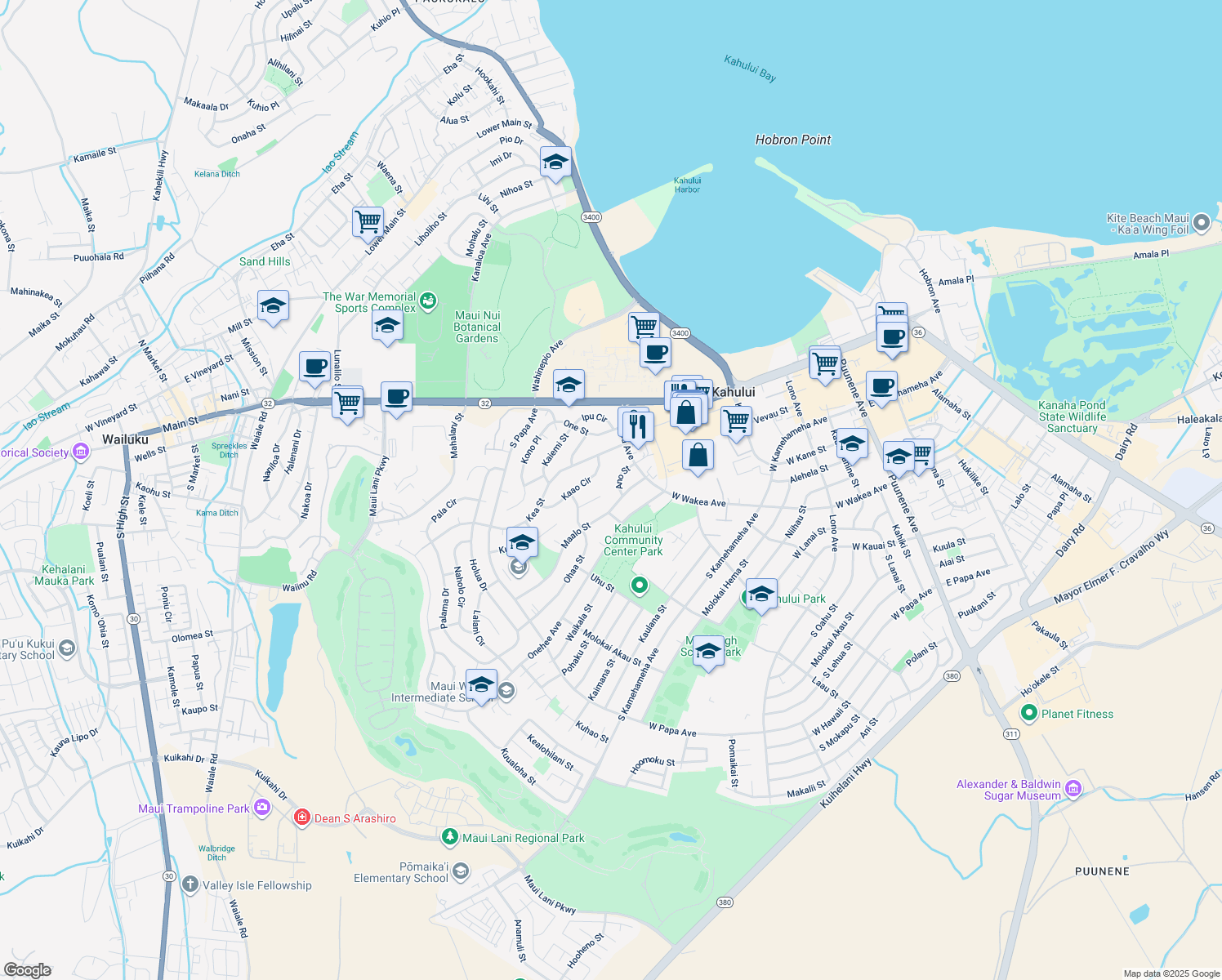 map of restaurants, bars, coffee shops, grocery stores, and more near 418 Ano Street in Kahului
