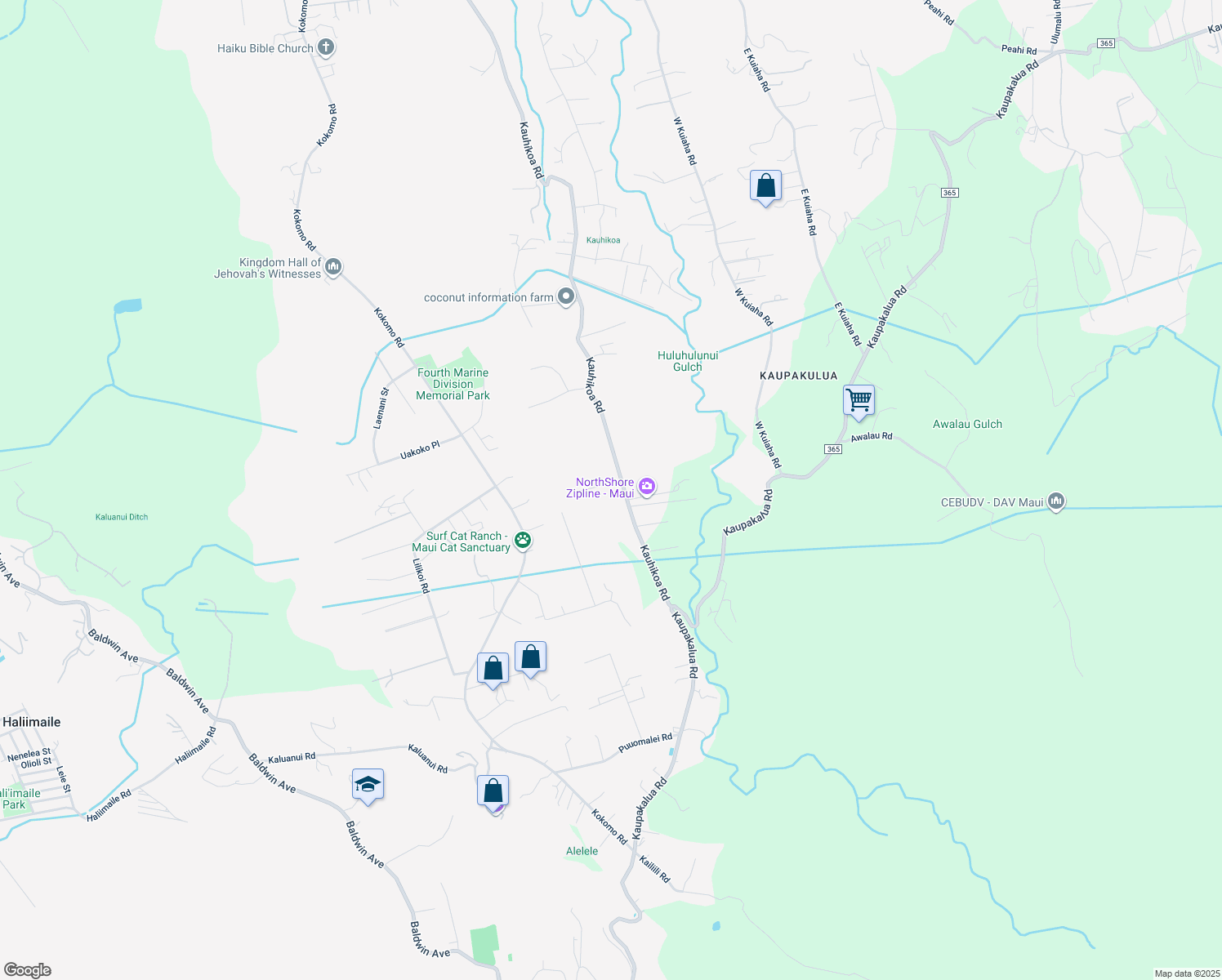 map of restaurants, bars, coffee shops, grocery stores, and more near 2066 Kauhikoa Road in Haiku-Pauwela