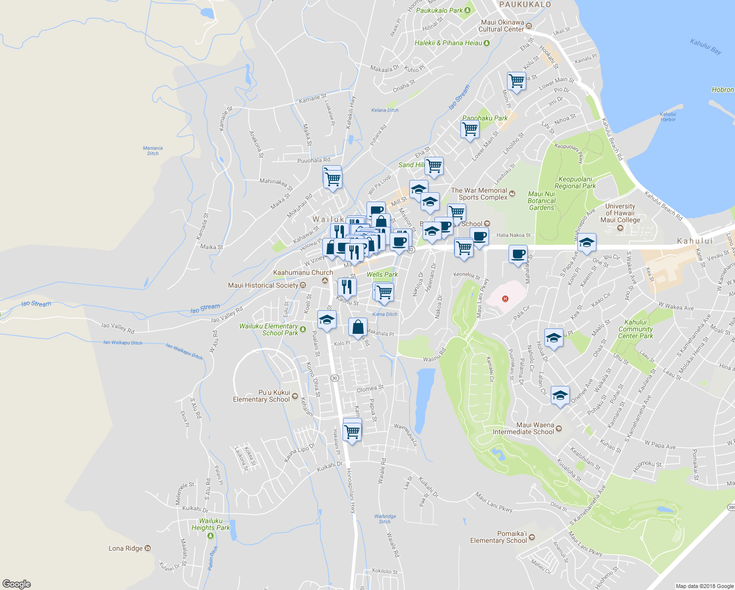 map of restaurants, bars, coffee shops, grocery stores, and more near 2018 Pakolu Street in Wailuku
