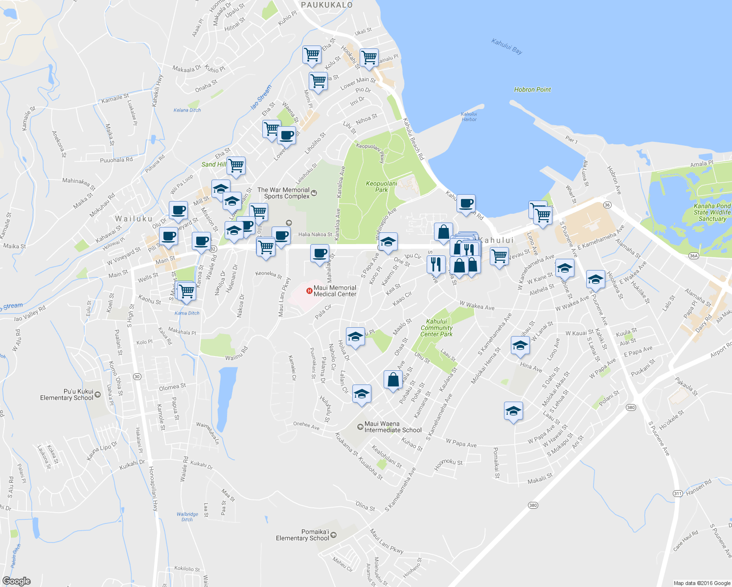 map of restaurants, bars, coffee shops, grocery stores, and more near 146 Kono Place in Kahului