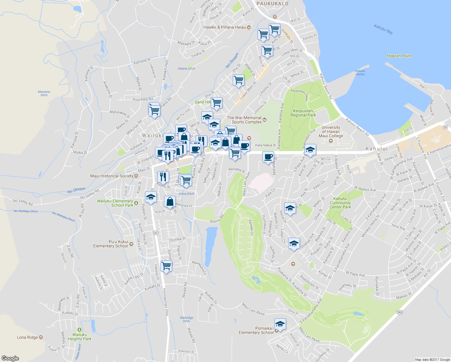 map of restaurants, bars, coffee shops, grocery stores, and more near 108 Keoneloa Street in Wailuku
