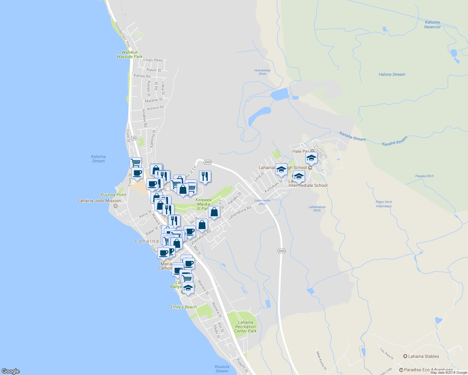 map of restaurants, bars, coffee shops, grocery stores, and more near 897 Kanakea Loop in Lahaina