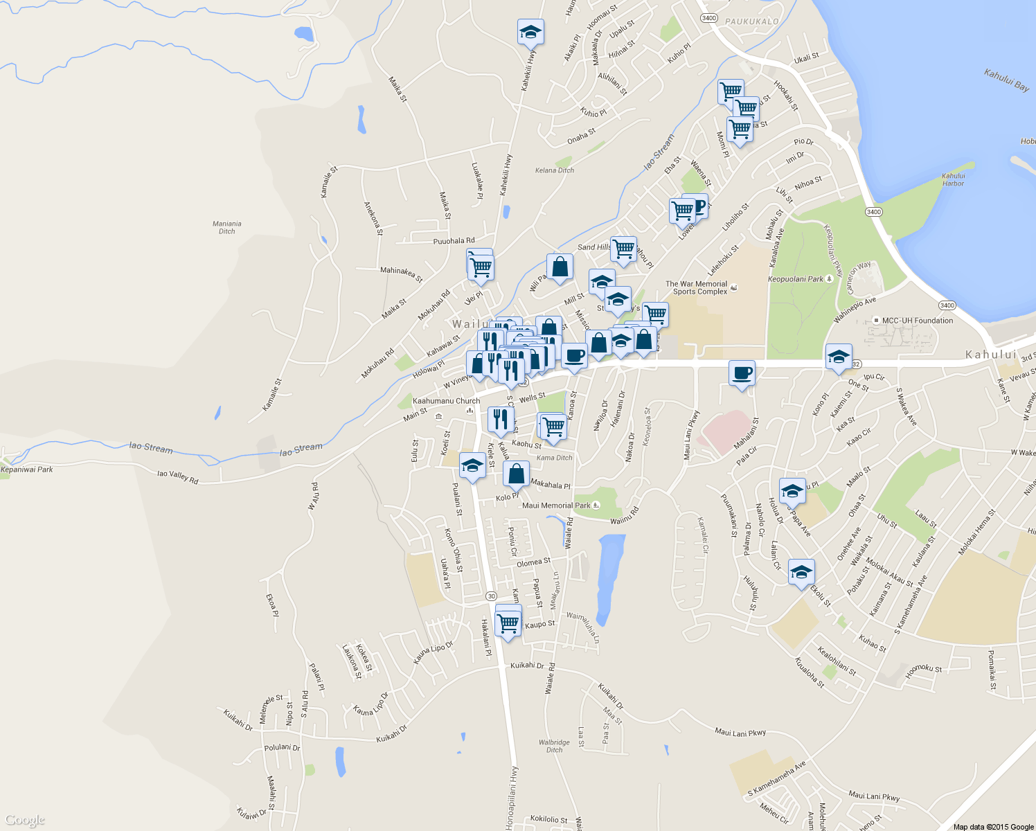 map of restaurants, bars, coffee shops, grocery stores, and more near 2080 Pakahi Street in Wailuku