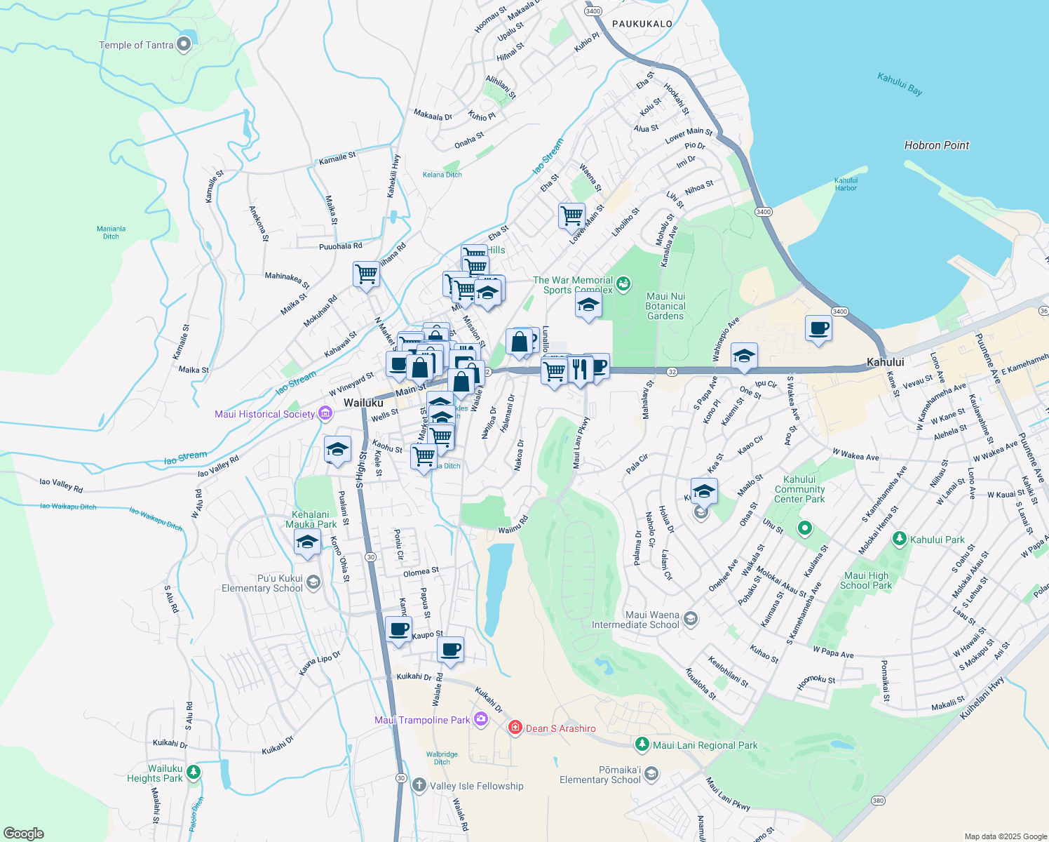 map of restaurants, bars, coffee shops, grocery stores, and more near 88 Nakoa Dr in Wailuku