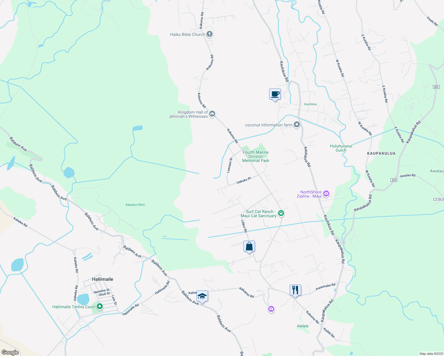 map of restaurants, bars, coffee shops, grocery stores, and more near 160 Laenani Street in Haiku-Pauwela
