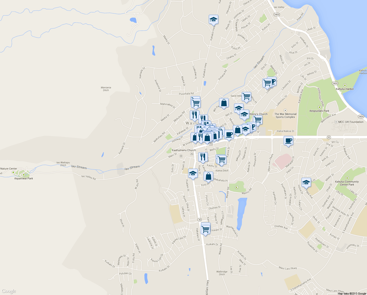 map of restaurants, bars, coffee shops, grocery stores, and more near 67 Moani Place in Wailuku
