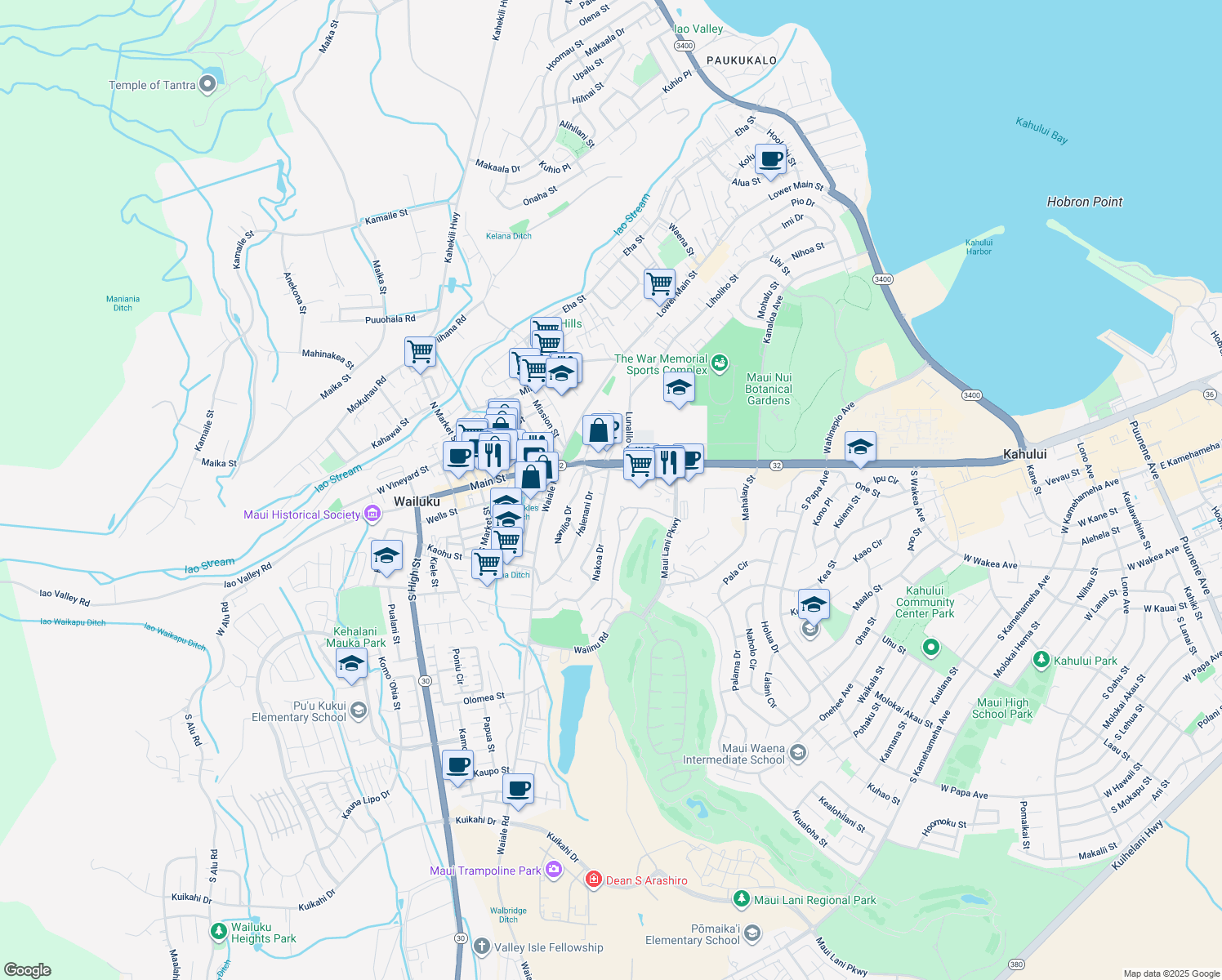 map of restaurants, bars, coffee shops, grocery stores, and more near 34 Nakoa Drive in Wailuku