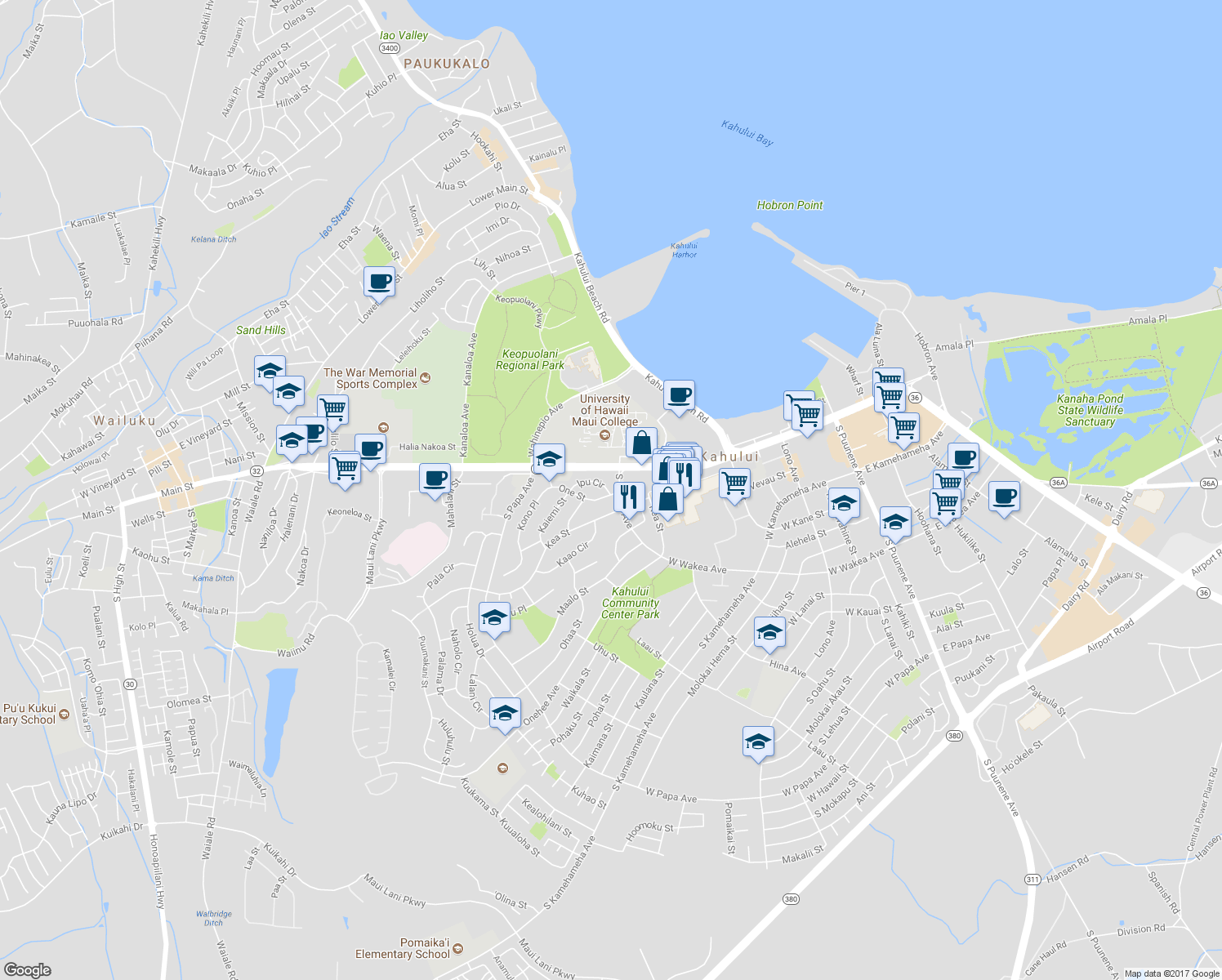 map of restaurants, bars, coffee shops, grocery stores, and more near 390 Ipu Circle in Kahului