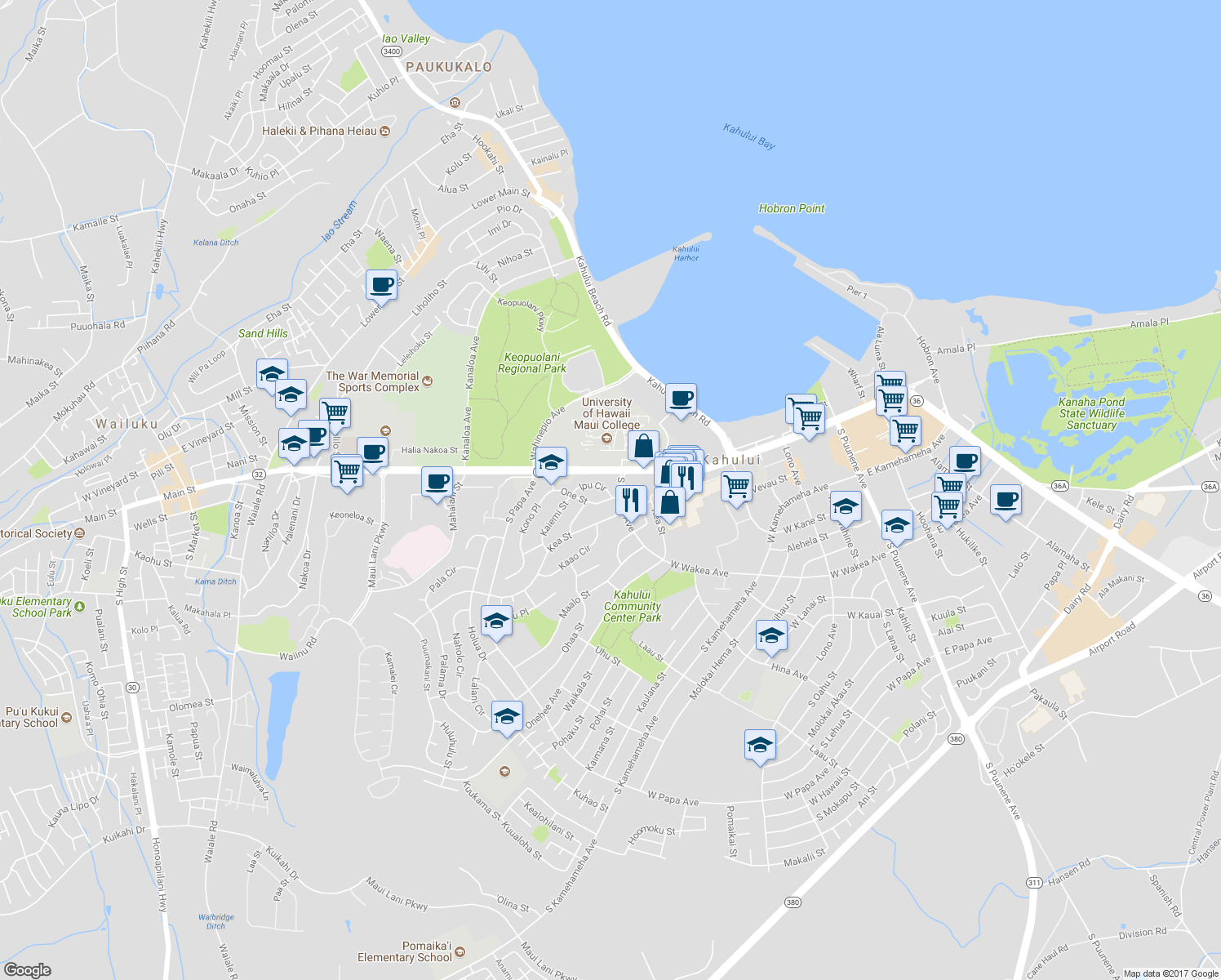 map of restaurants, bars, coffee shops, grocery stores, and more near 396 Ipu Circle in Kahului