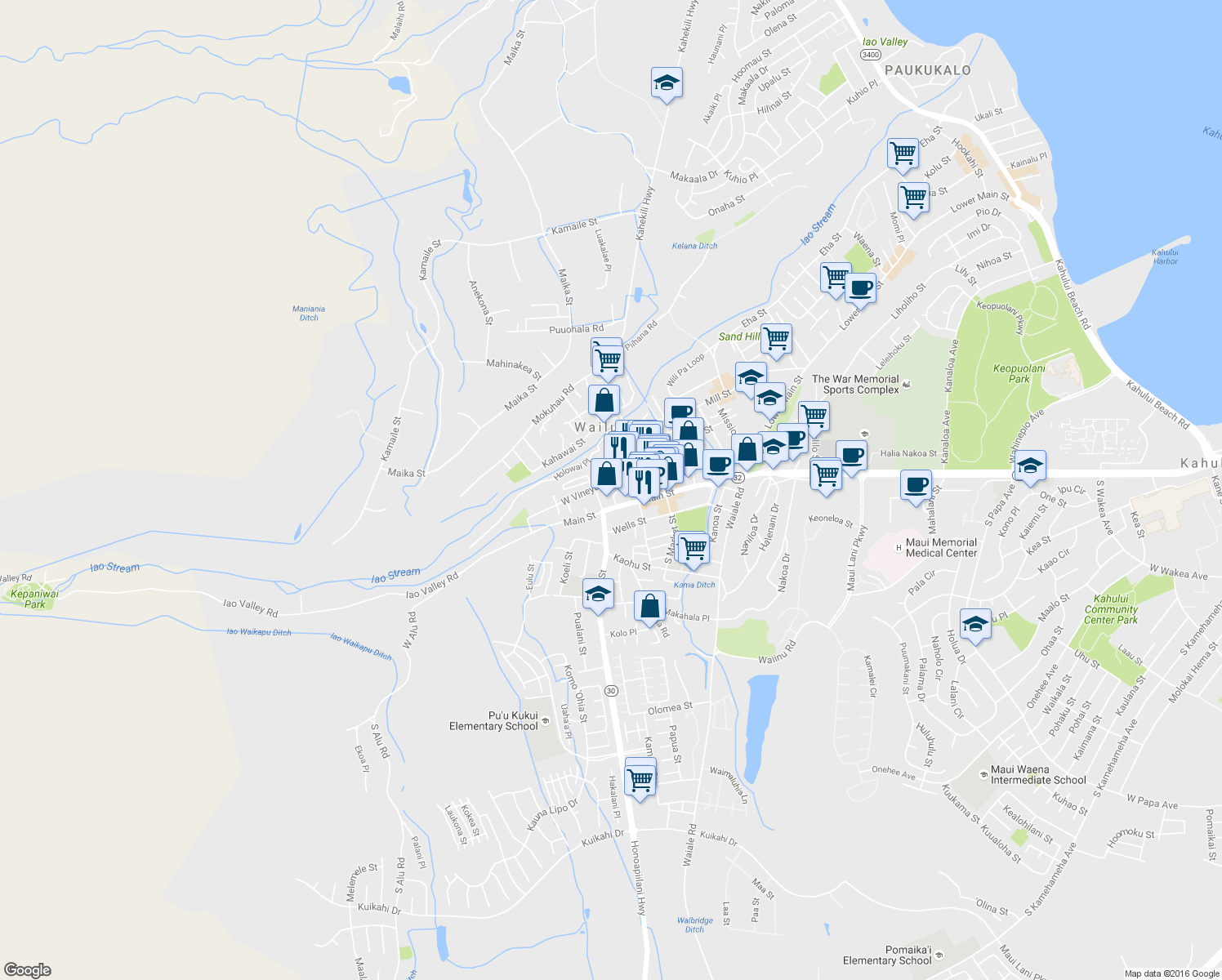 map of restaurants, bars, coffee shops, grocery stores, and more near 33 Niolopua Lane in Wailuku