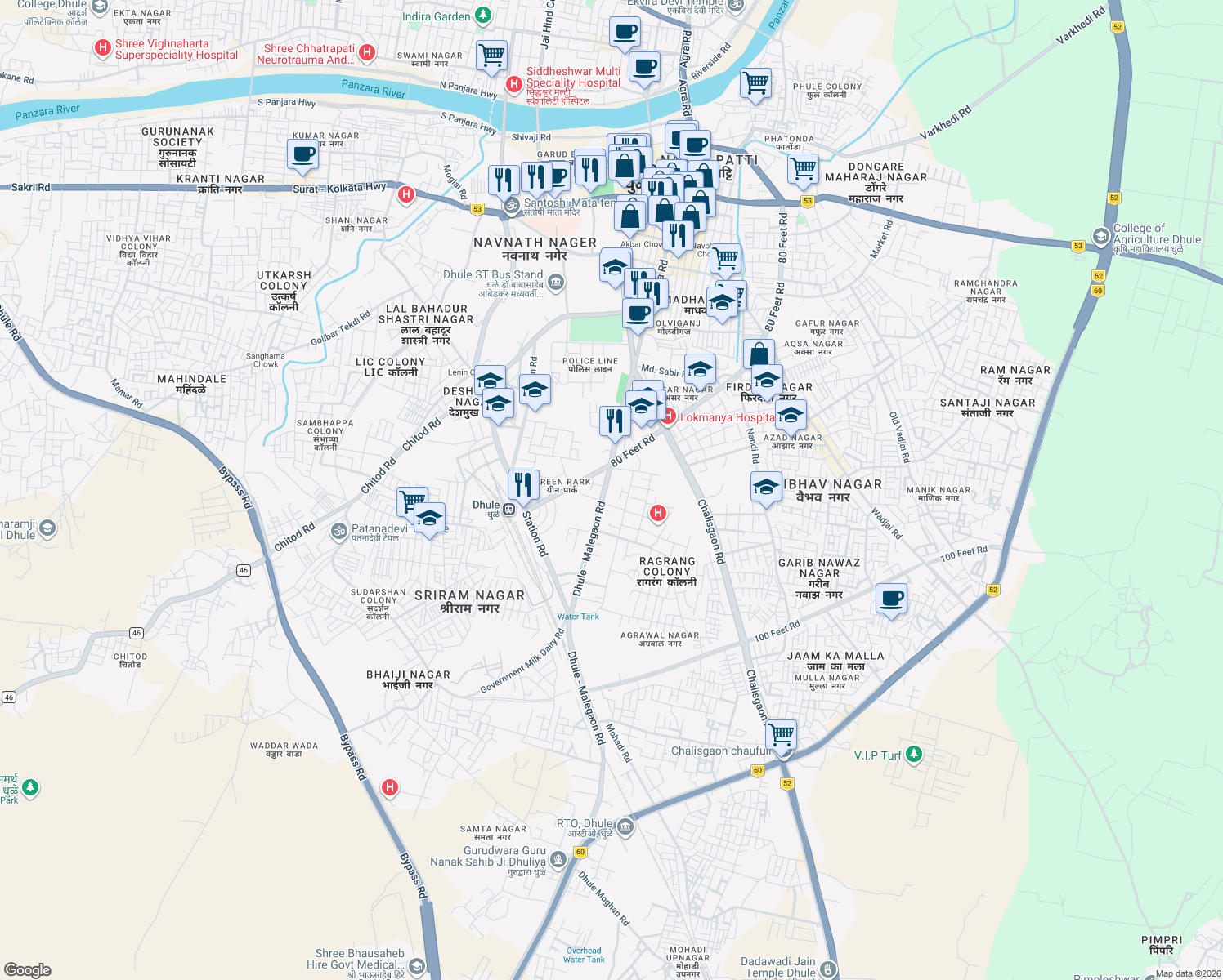 map of restaurants, bars, coffee shops, grocery stores, and more near Malegaon Road in Dhule