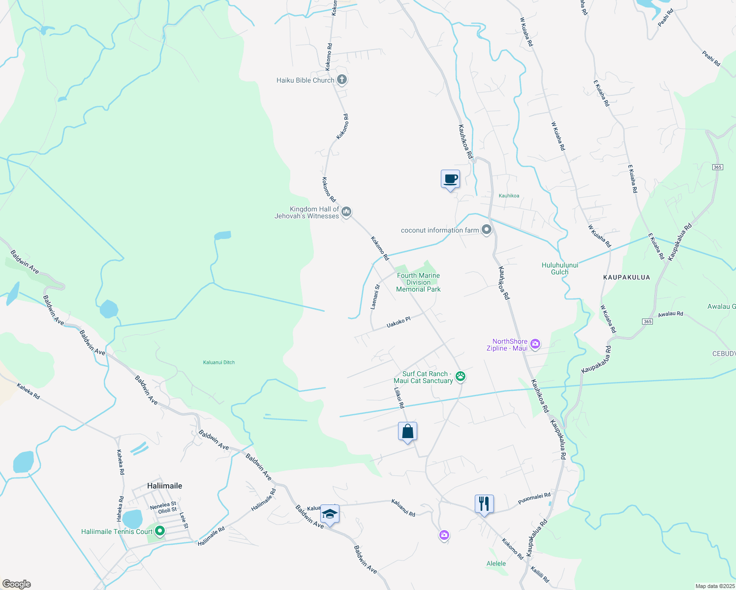 map of restaurants, bars, coffee shops, grocery stores, and more near 100 Laenani Street in Haiku-Pauwela