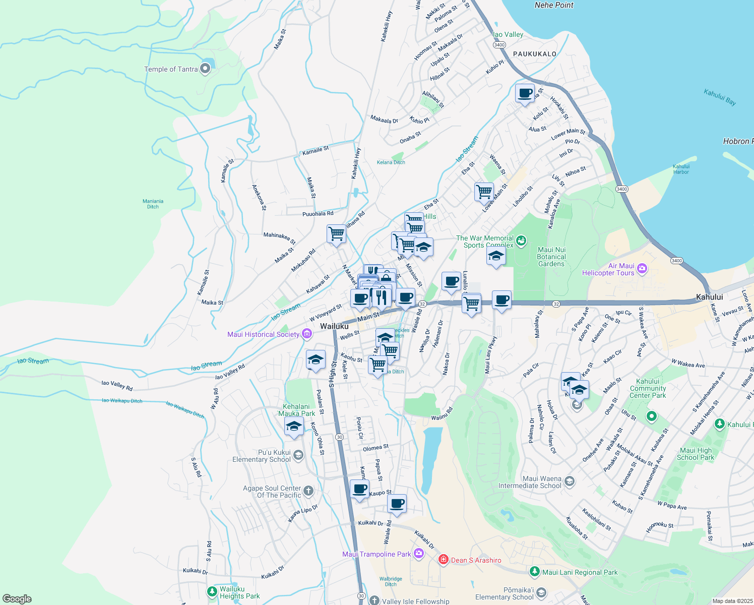 map of restaurants, bars, coffee shops, grocery stores, and more near 42 Maluhia Drive in Wailuku