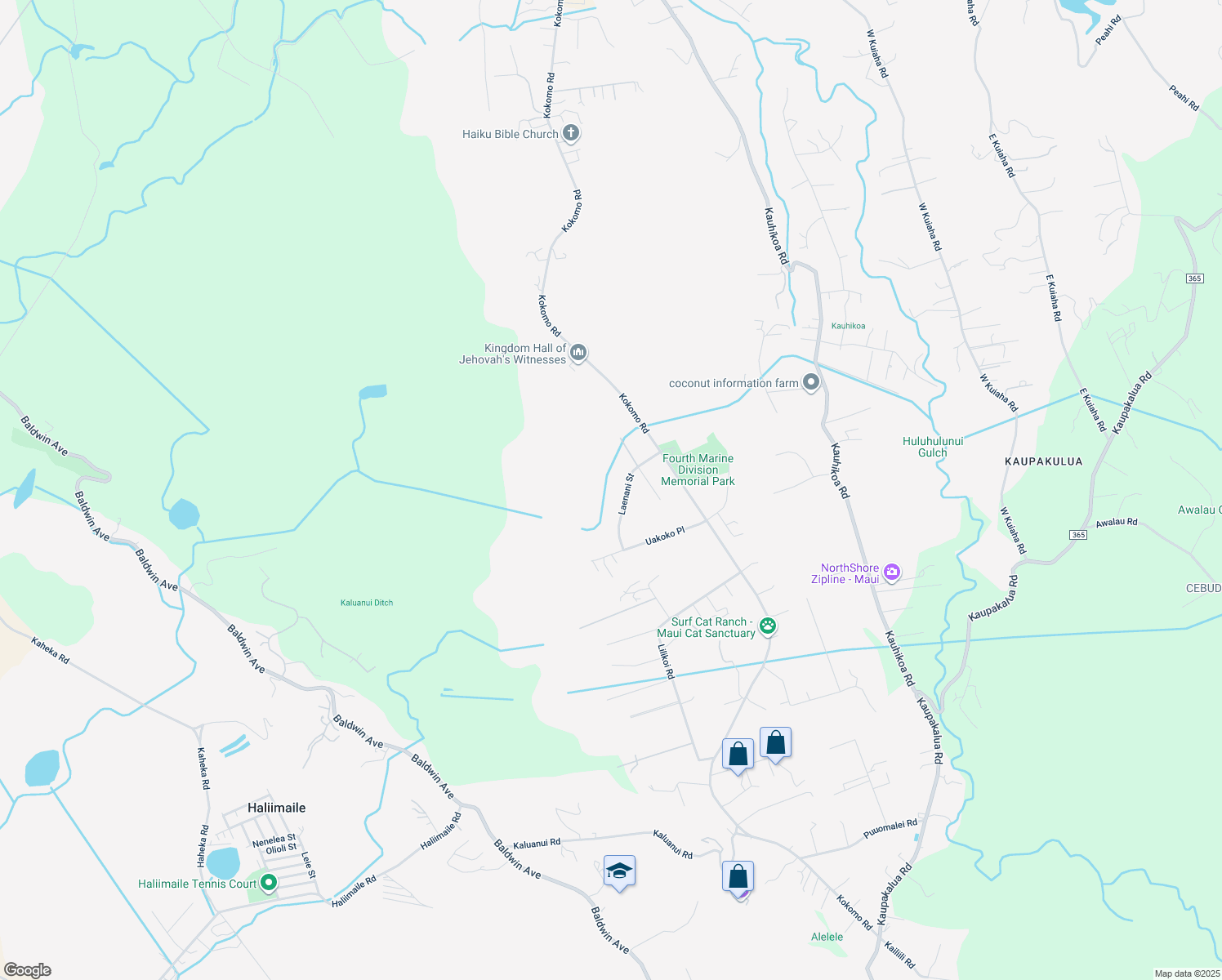 map of restaurants, bars, coffee shops, grocery stores, and more near 100 Laenani Street in Haiku-Pauwela