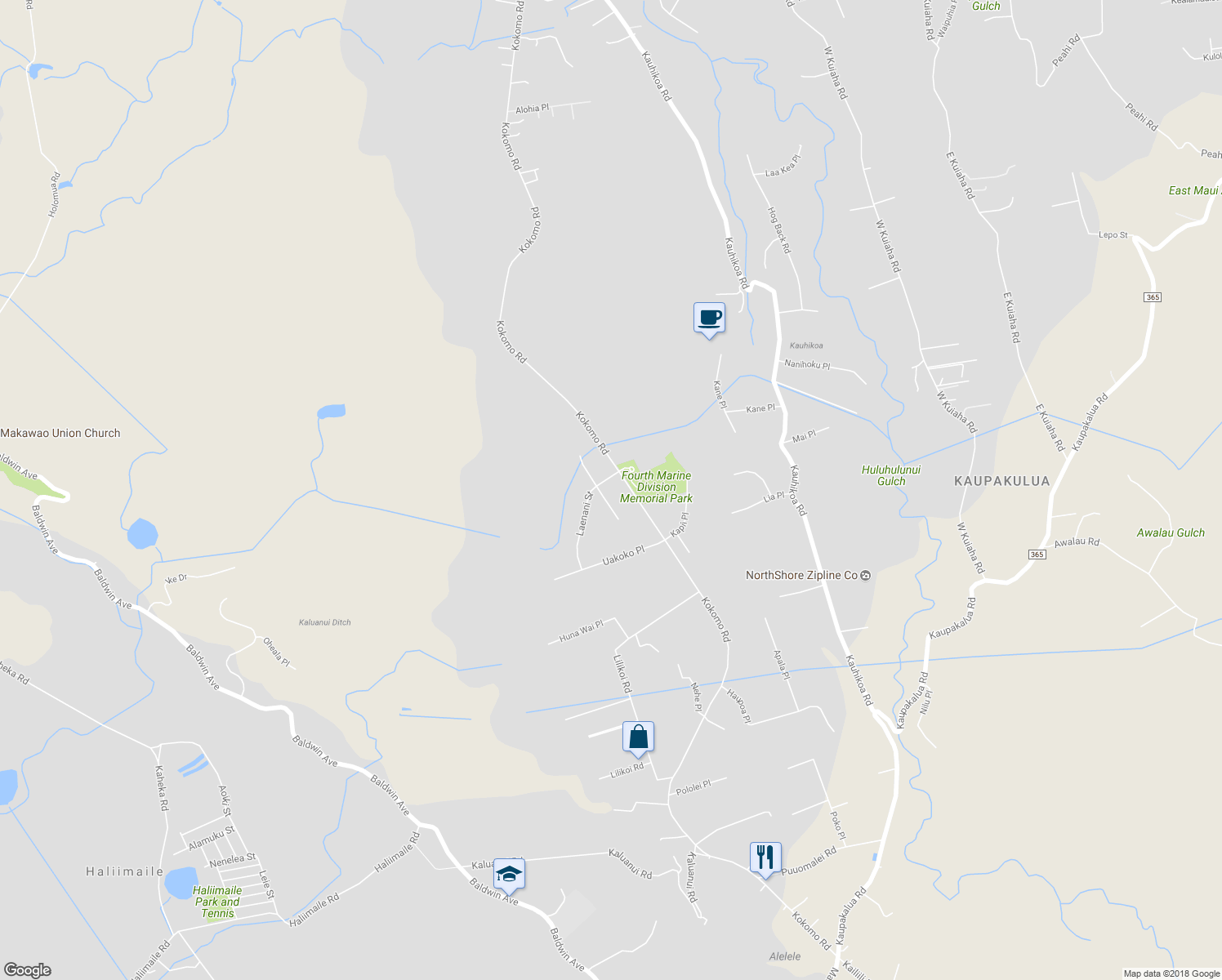 map of restaurants, bars, coffee shops, grocery stores, and more near 21 Lokelau Place in Haiku-Pauwela
