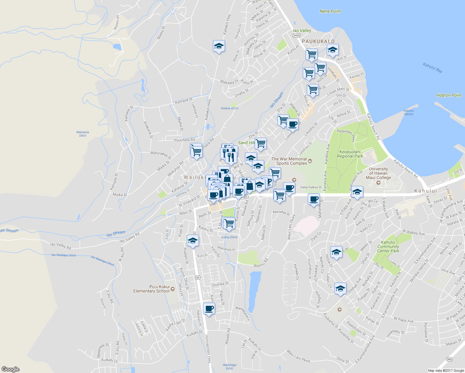 map of restaurants, bars, coffee shops, grocery stores, and more near 63 Wailani Street in Wailuku