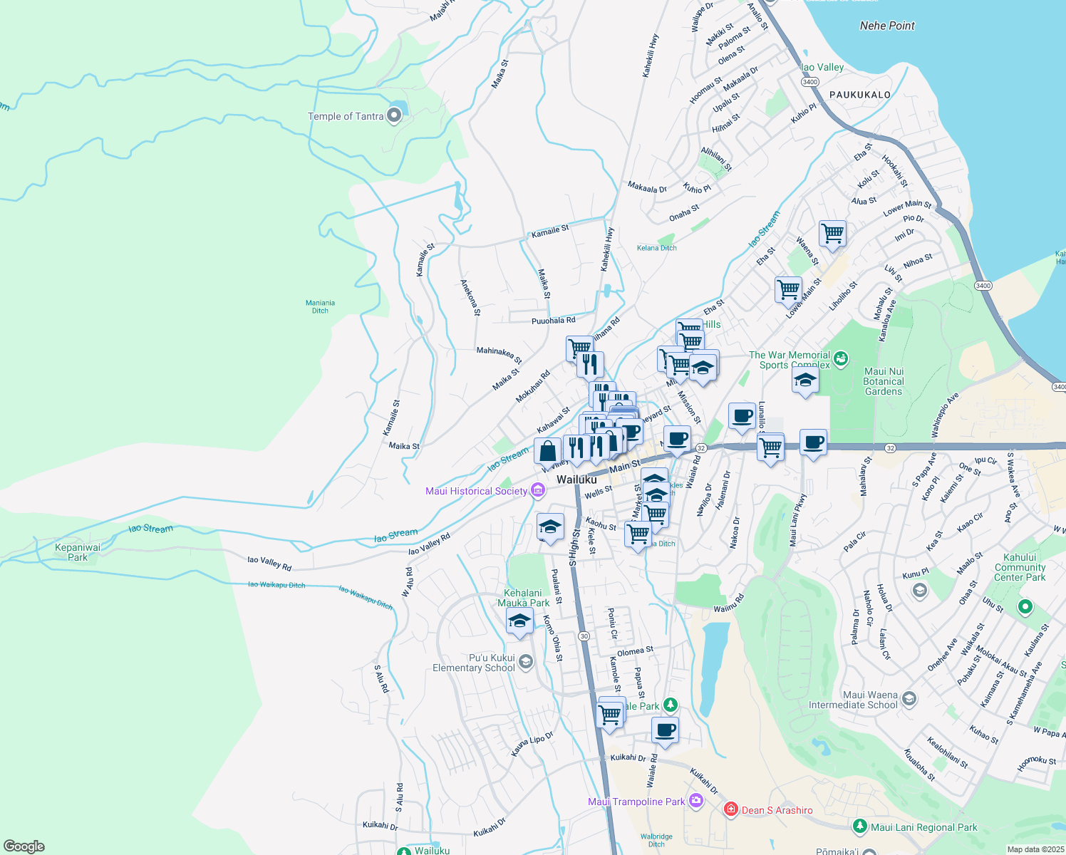 map of restaurants, bars, coffee shops, grocery stores, and more near 2170 Kahawai Street in Wailuku