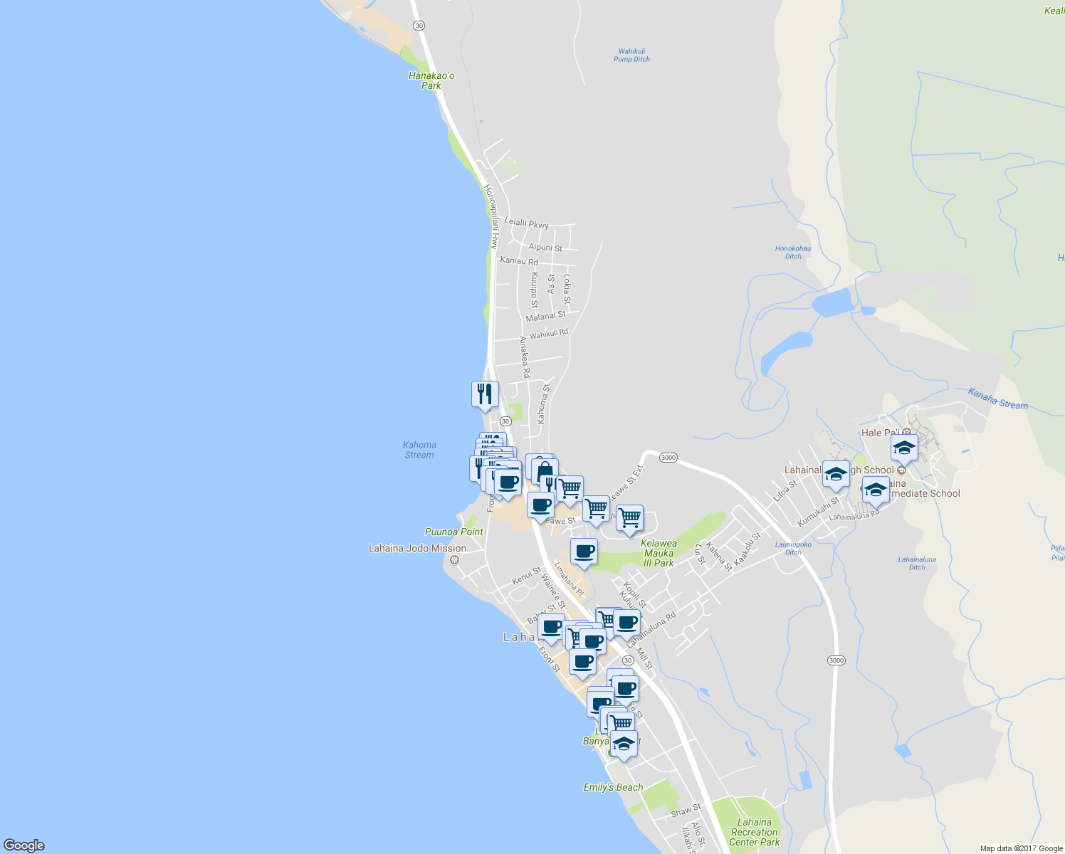 map of restaurants, bars, coffee shops, grocery stores, and more near 1322 Ainakea Road in Lahaina