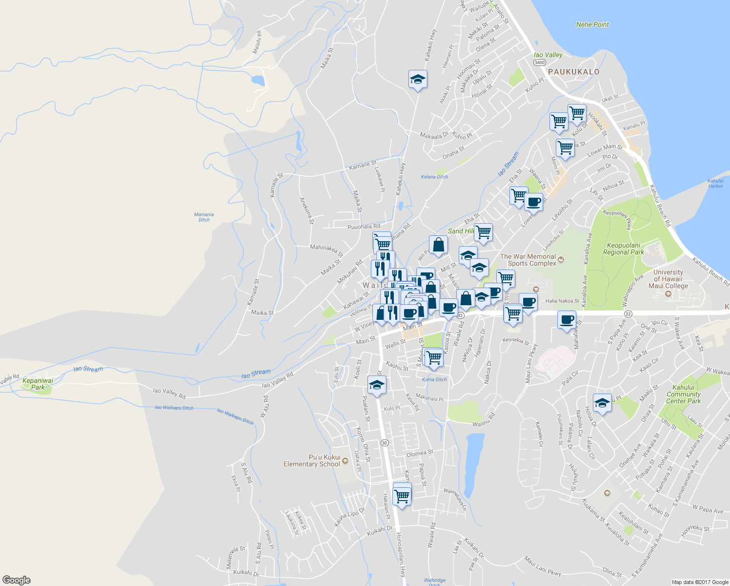 map of restaurants, bars, coffee shops, grocery stores, and more near 2140 Kahawai Street in Wailuku