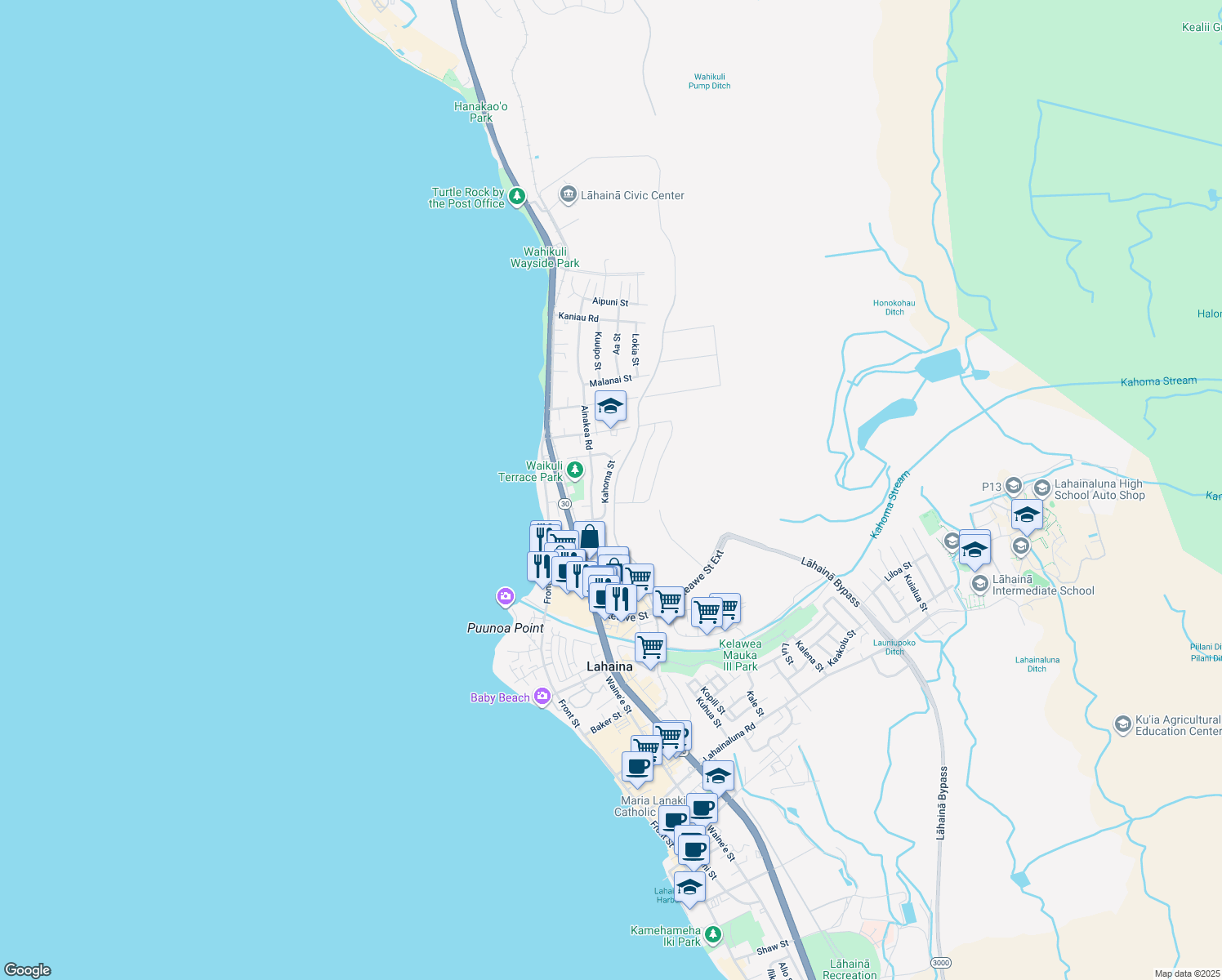 map of restaurants, bars, coffee shops, grocery stores, and more near 1350 Kahoma Street in Lahaina