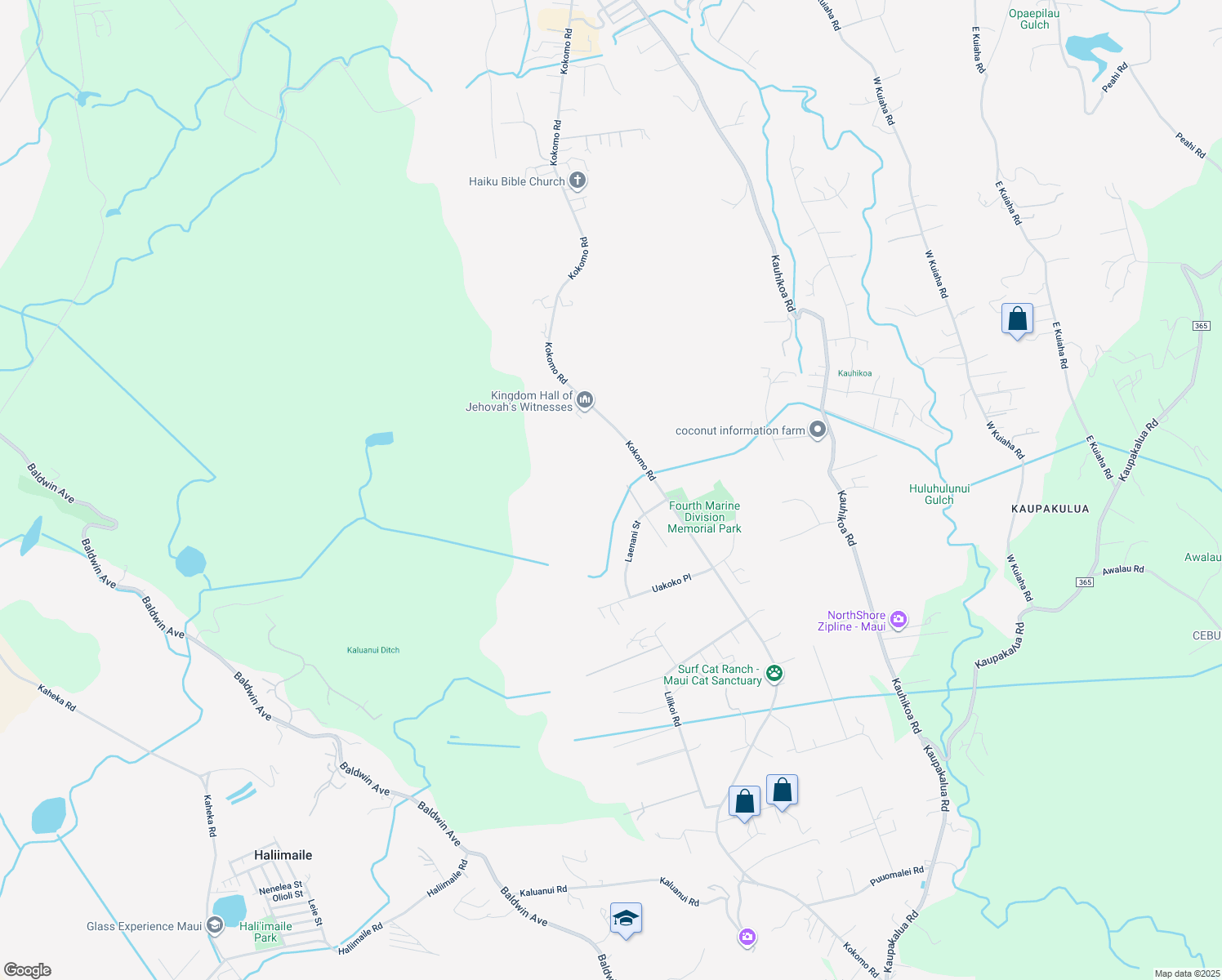 map of restaurants, bars, coffee shops, grocery stores, and more near 52 Laenani Street in Haiku-Pauwela