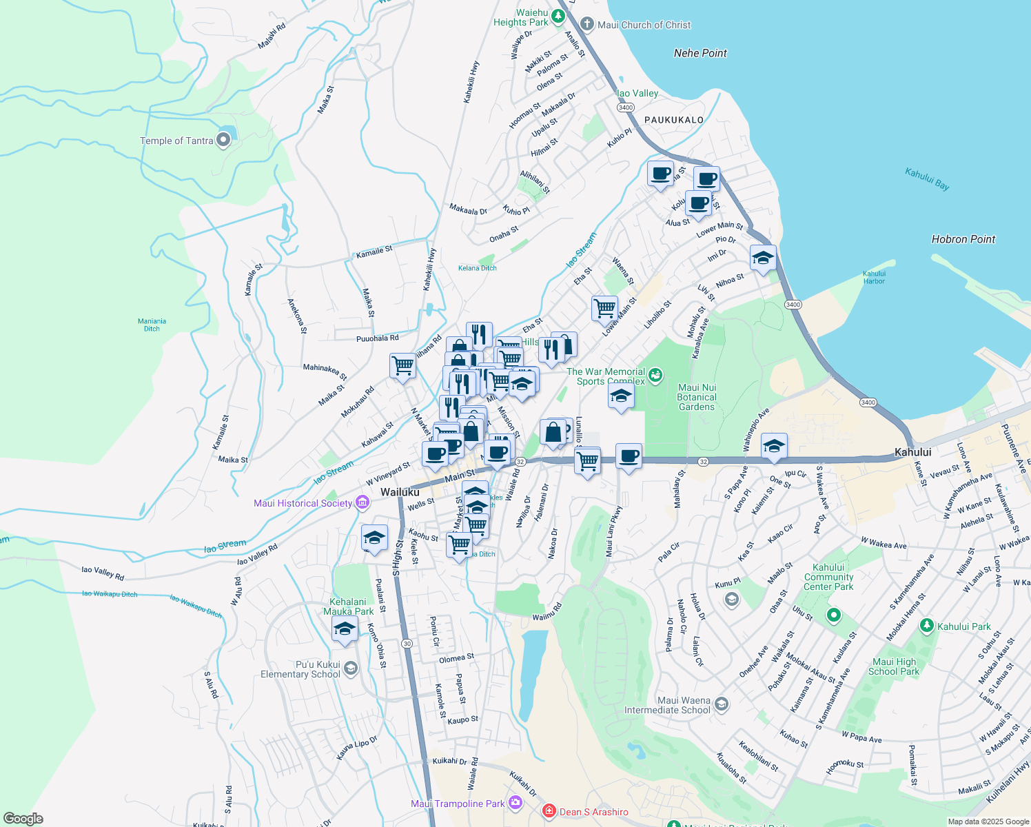 map of restaurants, bars, coffee shops, grocery stores, and more near 1705 East Vineyard Street in Wailuku