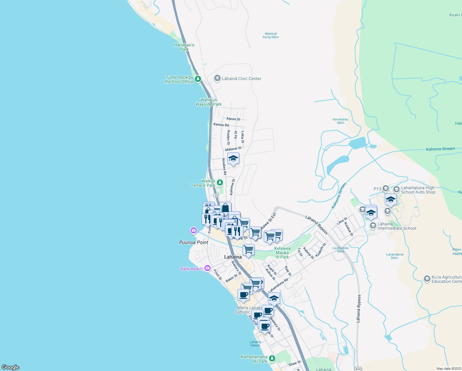 map of restaurants, bars, coffee shops, grocery stores, and more near 1369 Kahoma Street in Lahaina