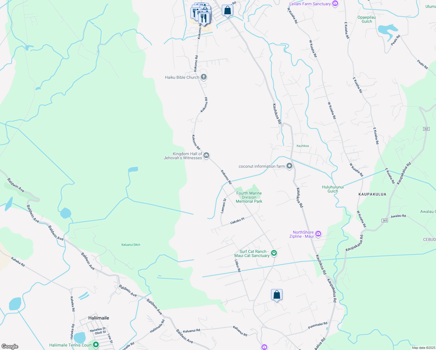 map of restaurants, bars, coffee shops, grocery stores, and more near 1660 Kokomo Road in Haiku-Pauwela