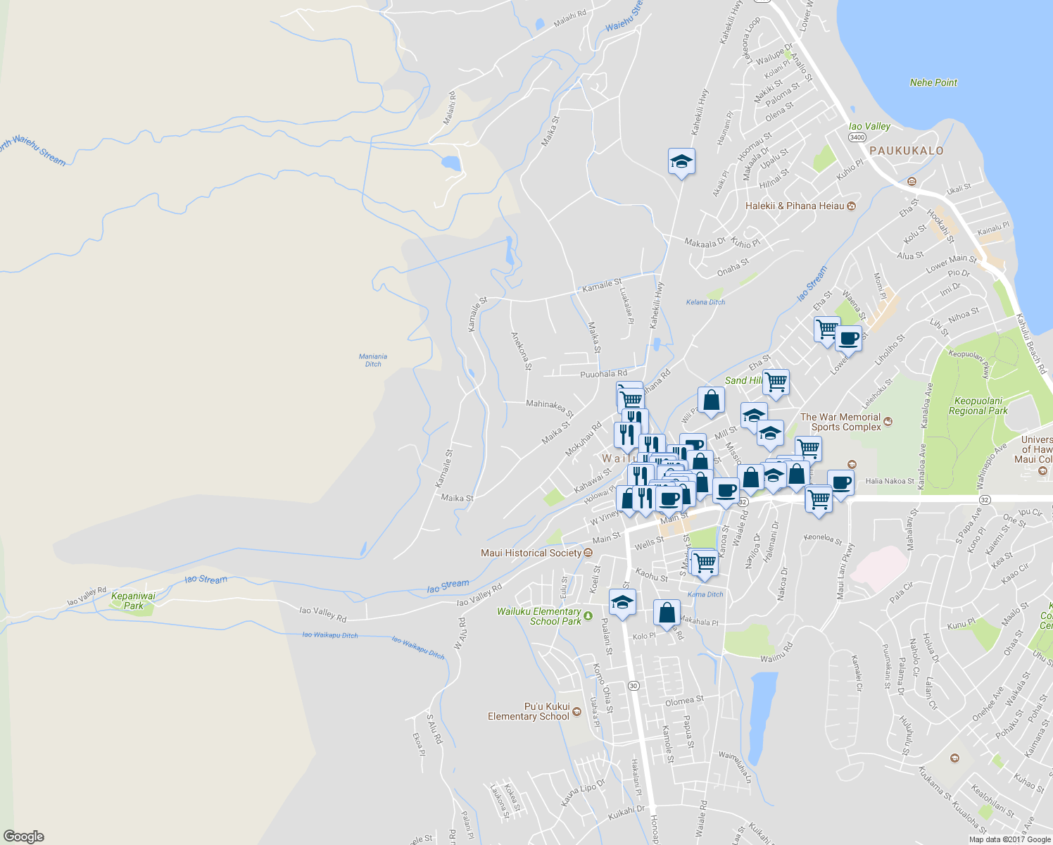 map of restaurants, bars, coffee shops, grocery stores, and more near 2185 Mahinakea Street in Wailuku