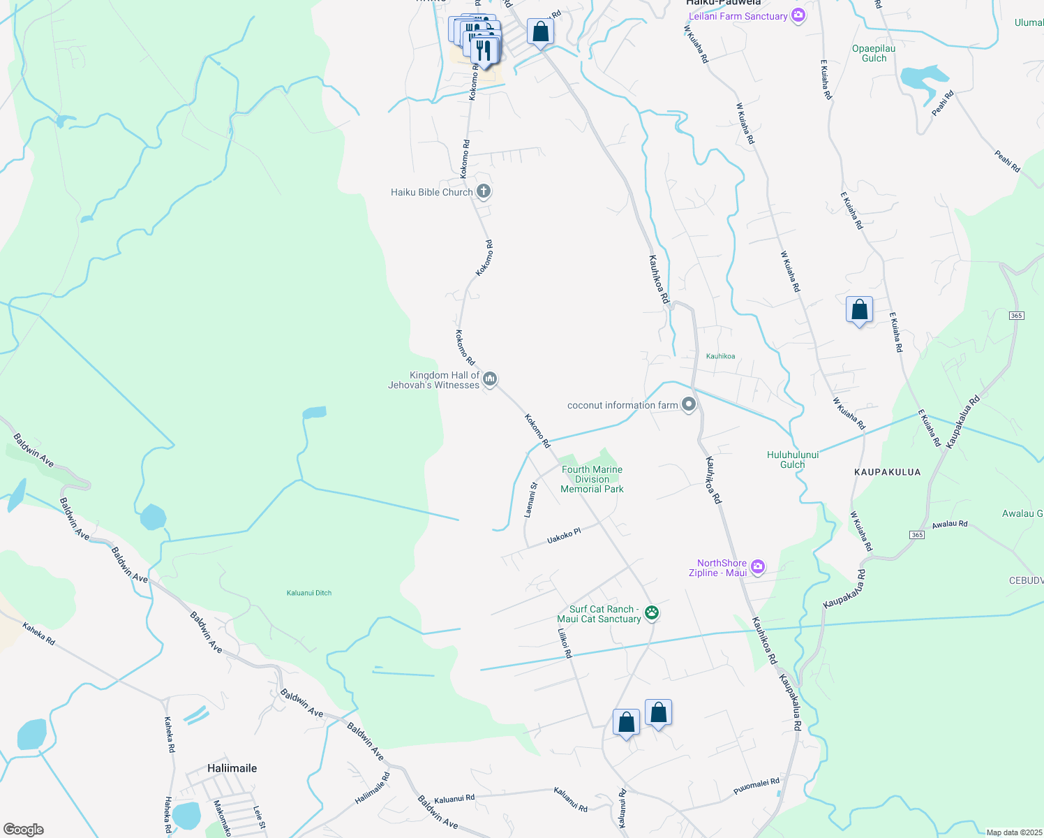 map of restaurants, bars, coffee shops, grocery stores, and more near 1660 Kokomo Road in Haiku-Pauwela