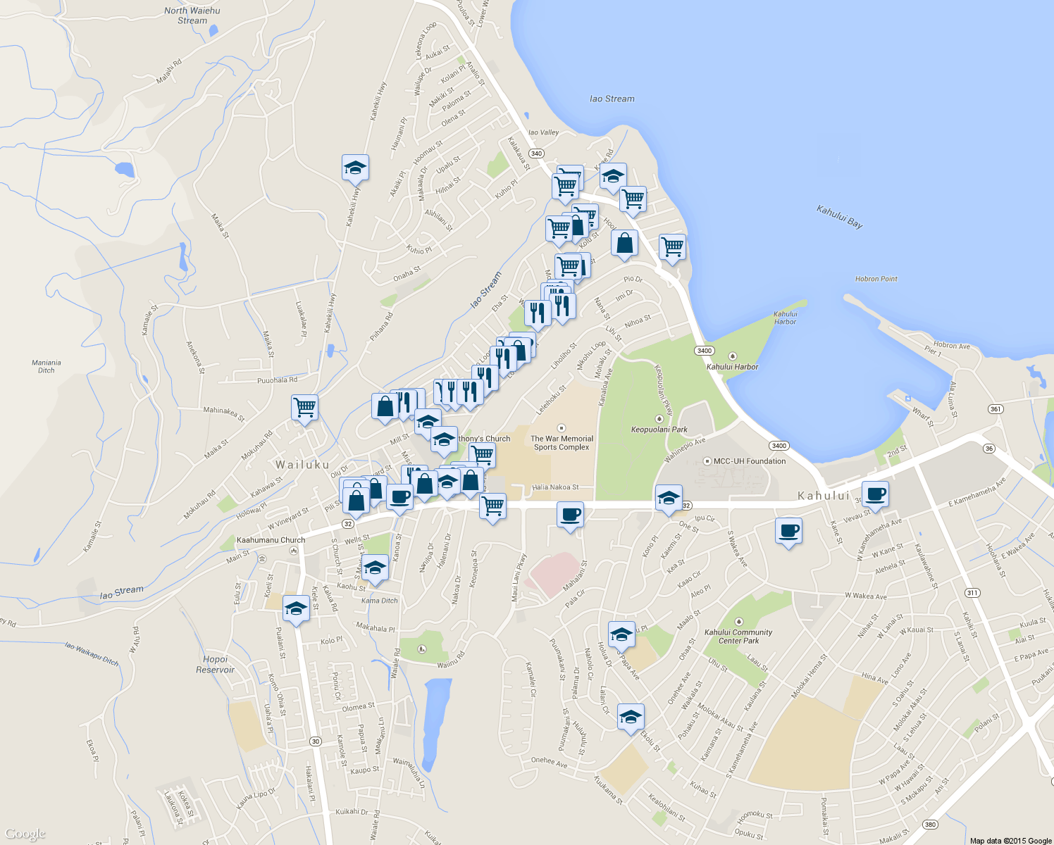 map of restaurants, bars, coffee shops, grocery stores, and more near 253 Leleihoku Street in Wailuku
