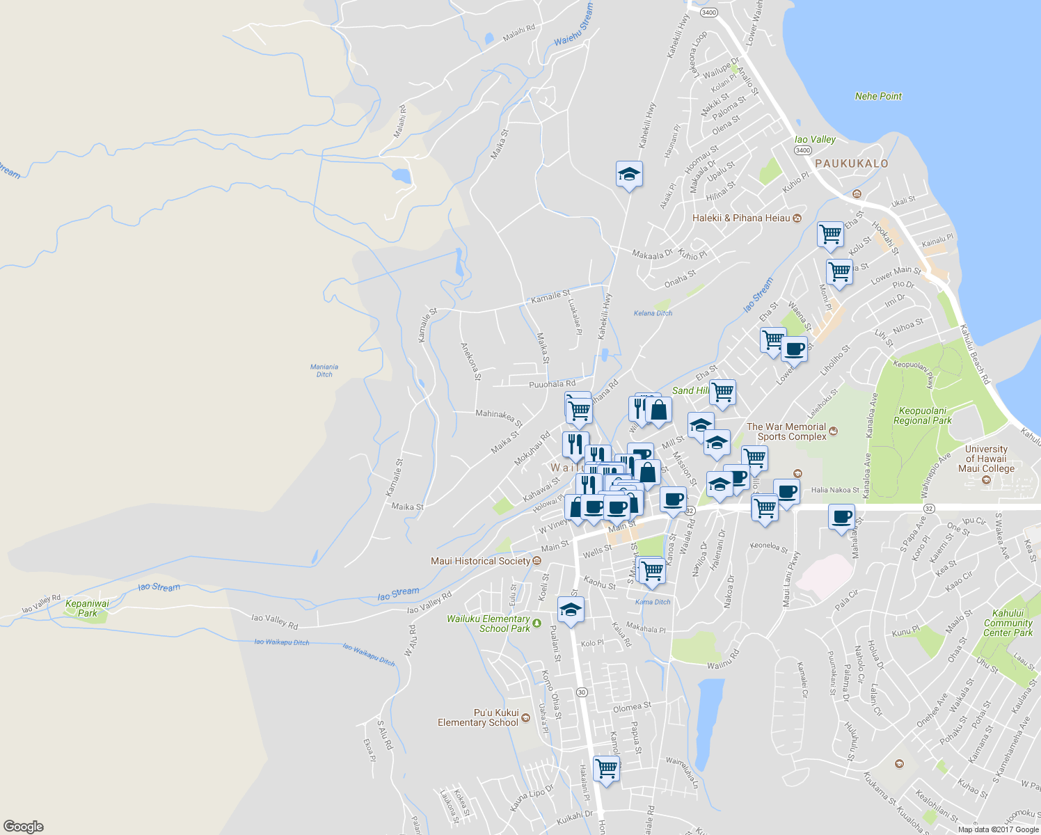 map of restaurants, bars, coffee shops, grocery stores, and more near 2116 Mahinakea Street in Wailuku
